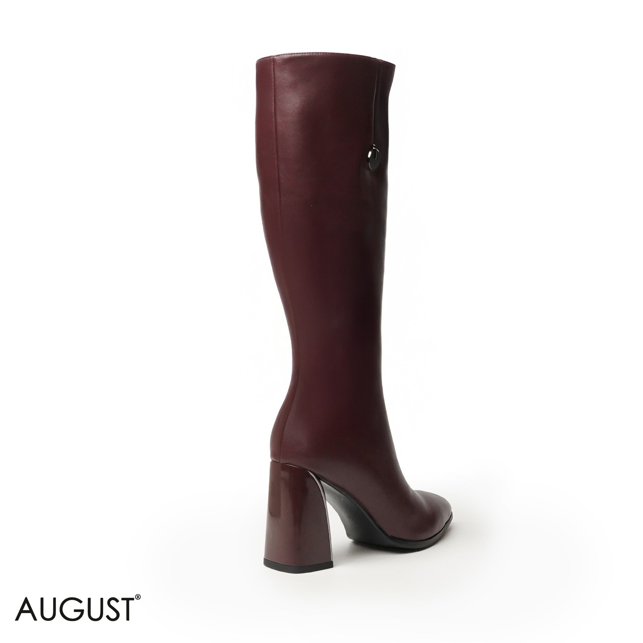 MAROON LEATHER HEELED LONG BOOTS WITH SIDE ZIPPER