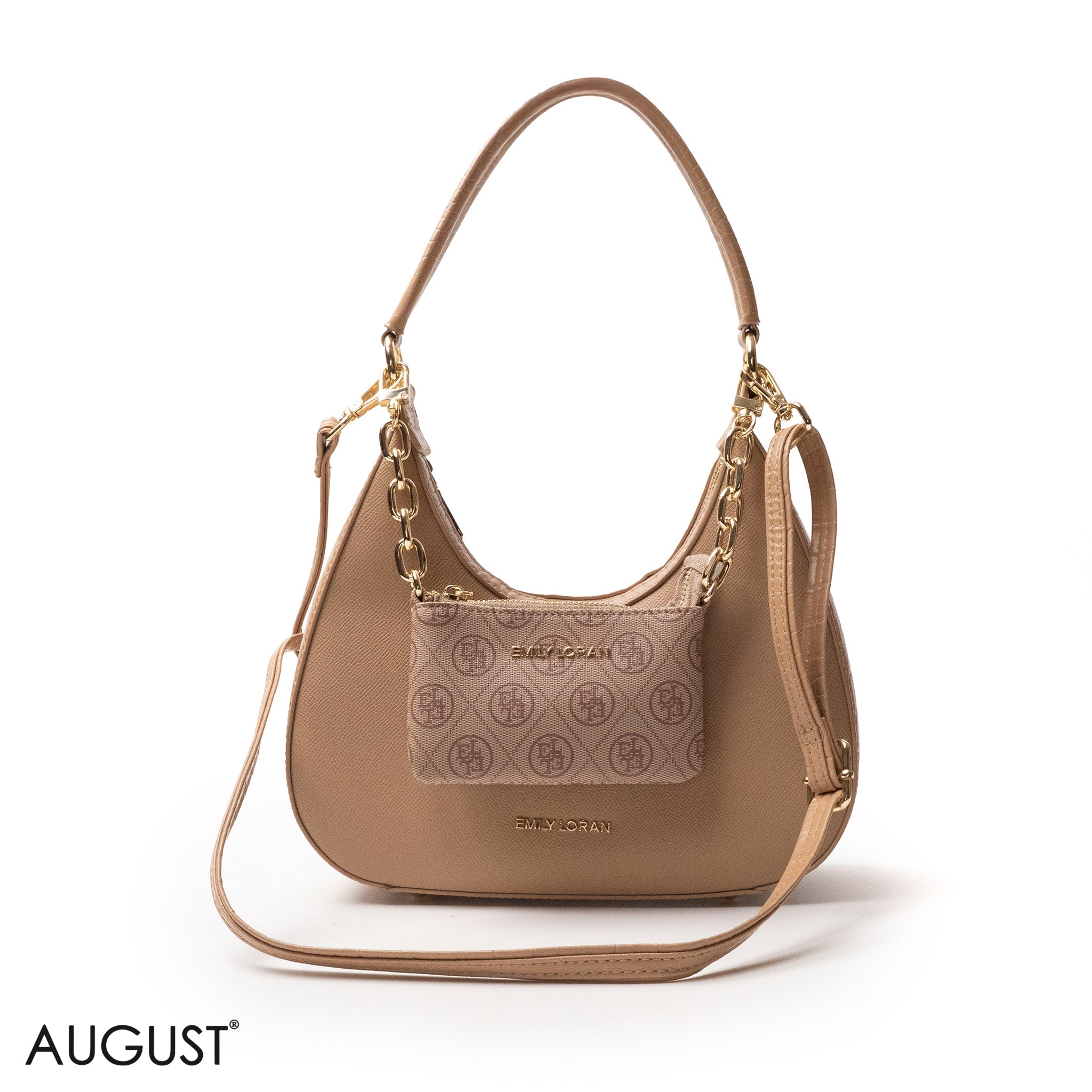 MODERN BEIGE LEATHER HANDBAG WITH METAL CHAIN - MED