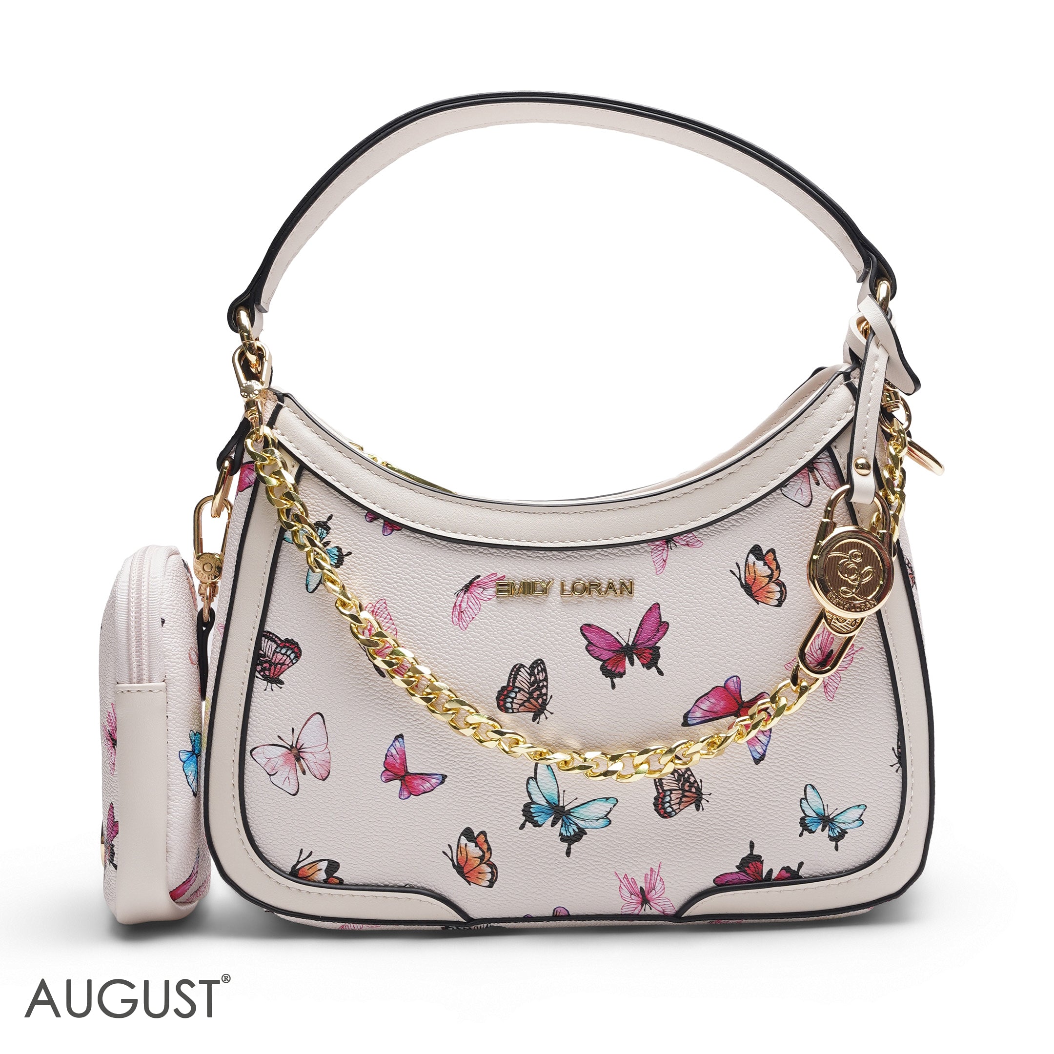 WHITE BUTTERFLY PRINT HOBO BAG WITH SIDE POUCH