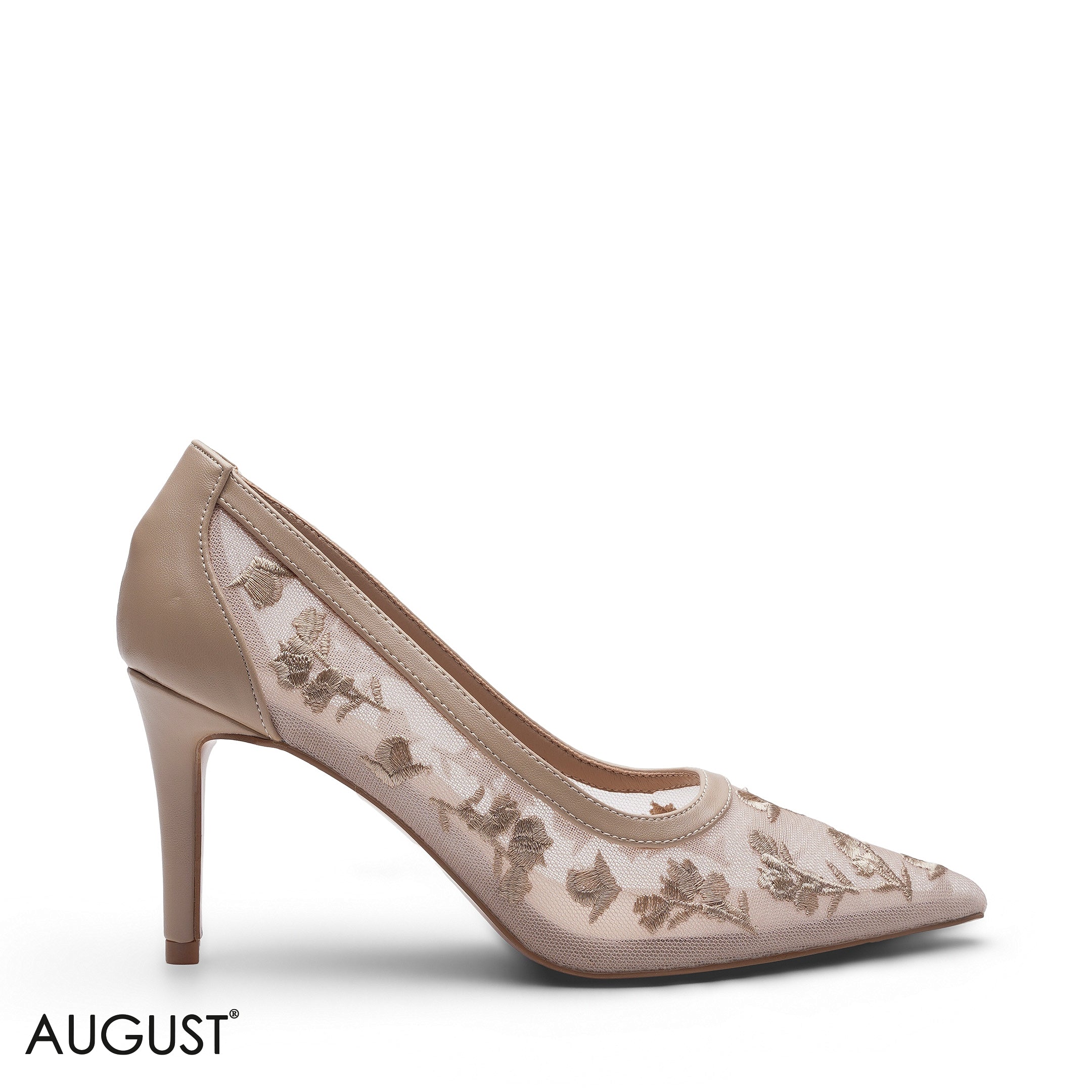BEIGE FLORAL EMBROIDERED MESH POINTED TOE PUMPS