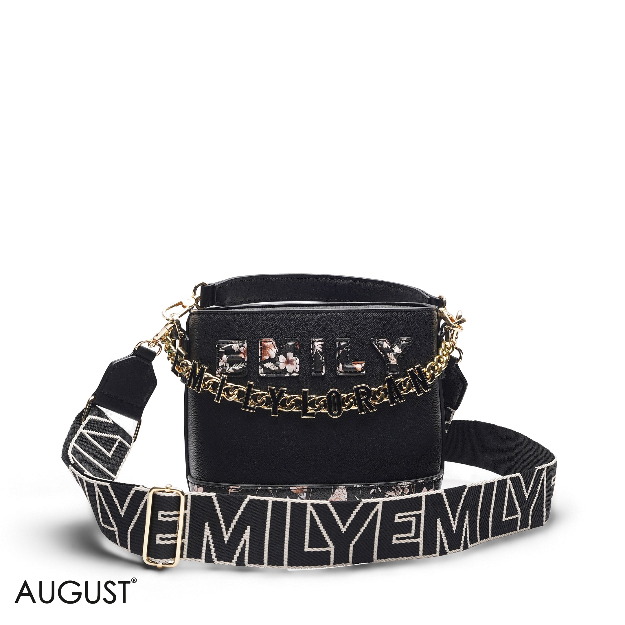 BLACK FLORAL TOTE WITH GOLD CHAIN & STRAP