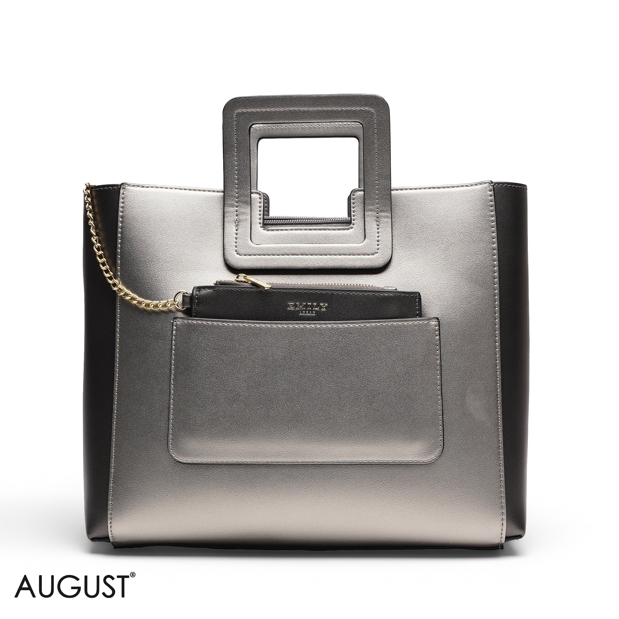 SILVER TEXTURED LEATHER TOTE WITH POUCH BAG
