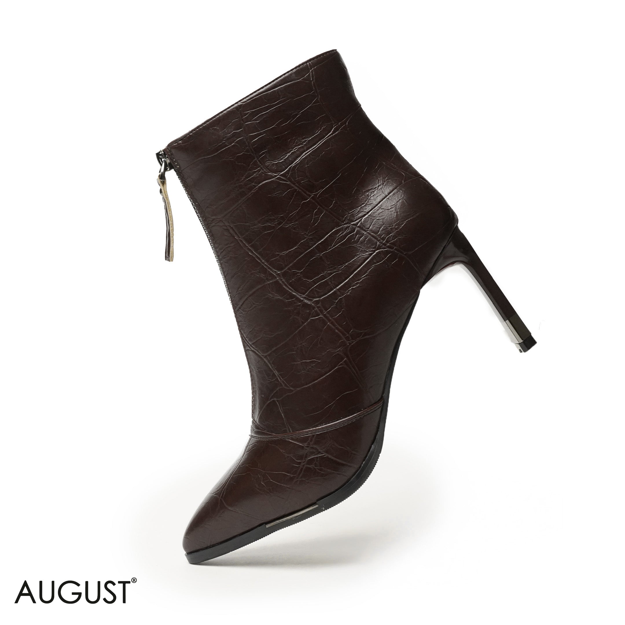 BROWN LEATHER HEELED ANKLE BOOTS WITH FRONT ZIPPER