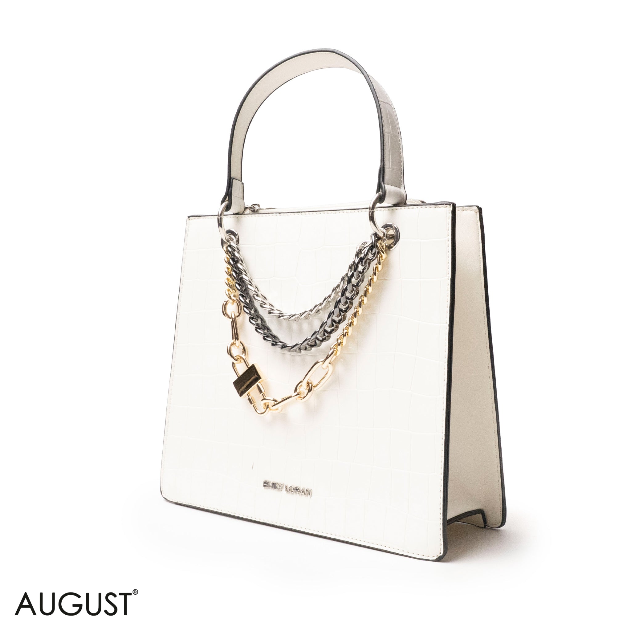 WHITE LEATHER HANDBAG WITH METAL CHAIN ACCENTS - MED