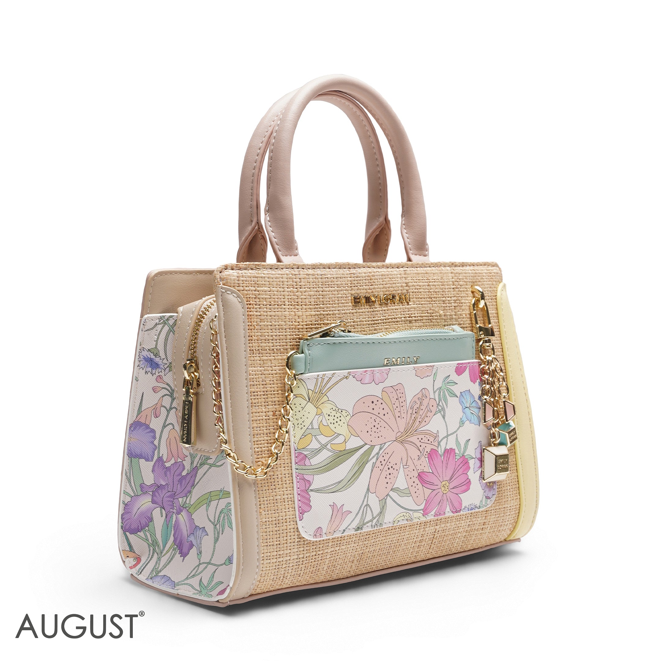 EMILY STRAW TEXTURE BAG WITH FLORAL ACCENTS - MED