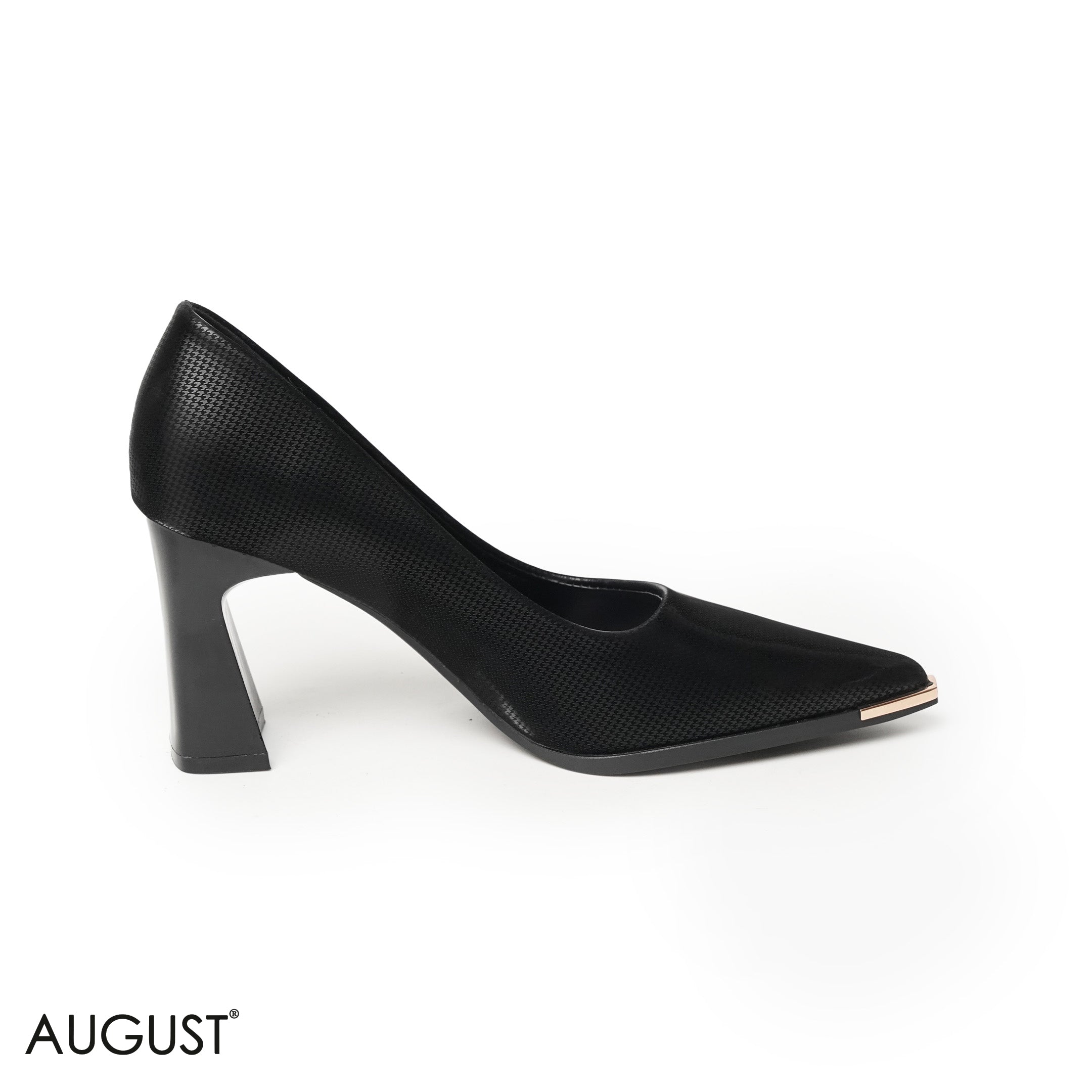 BLACK LEATHER MED-HEELS SHOES WITH WITH GOLD POINTED TOE