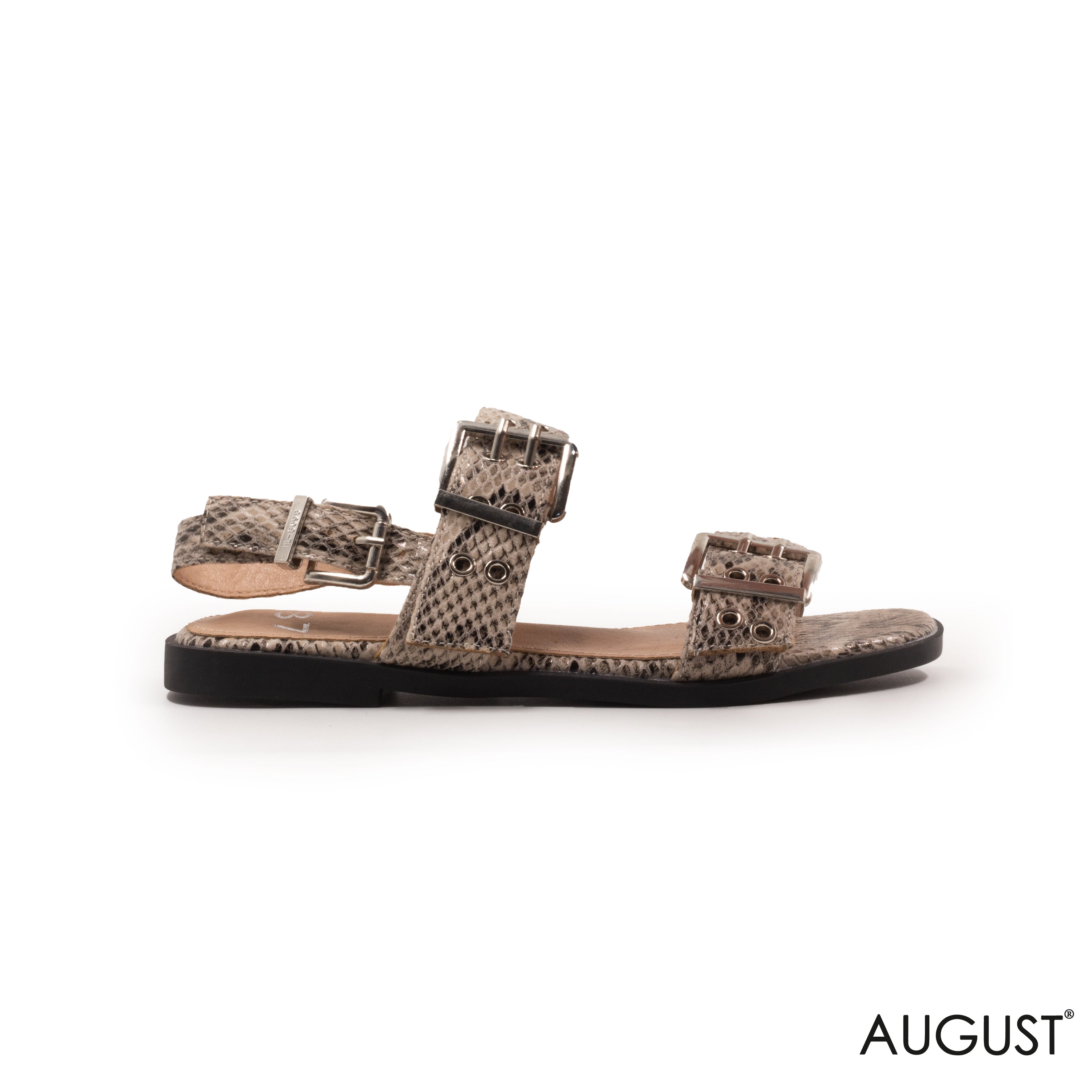 SNAEK LEATHER FLAT SANDALS WITH METAL EYELETS AND BUCKLES