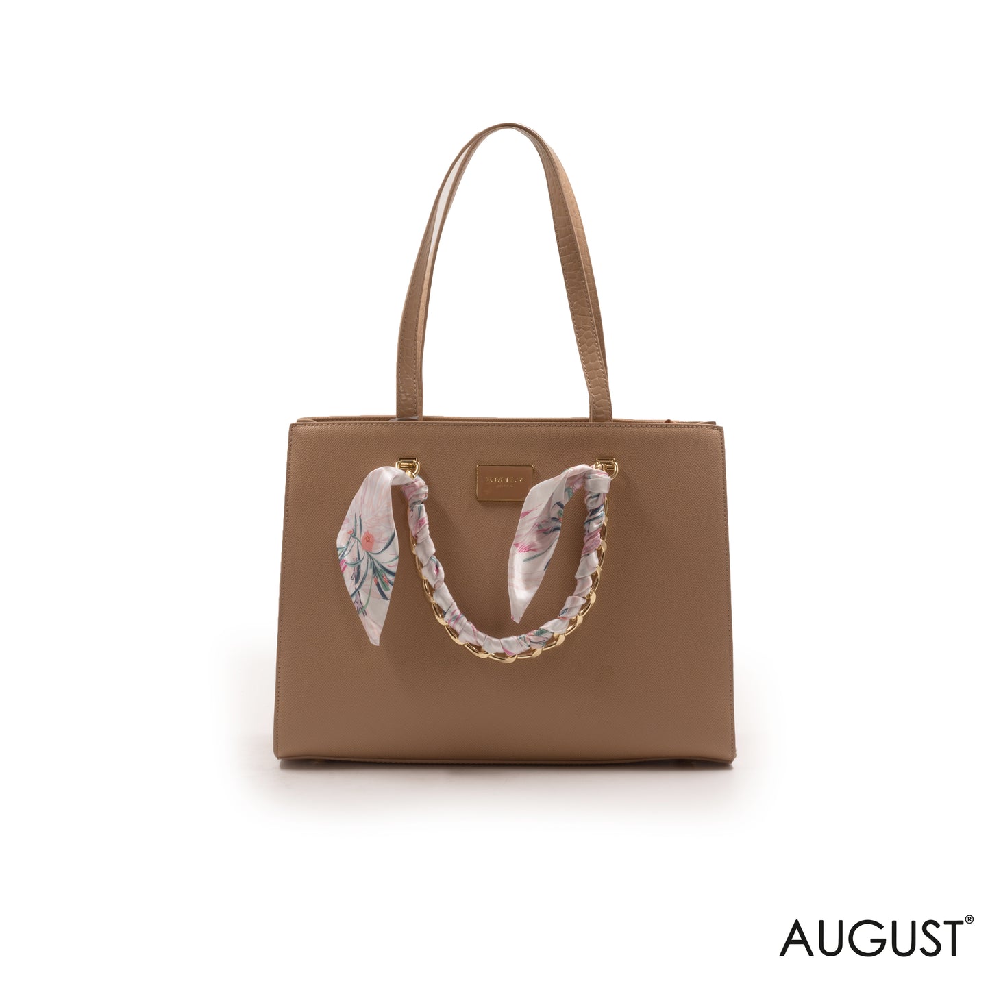 BEIGE LEATHER HANDBAG WITH GOLD CHAIN AND SCARF -LARGE