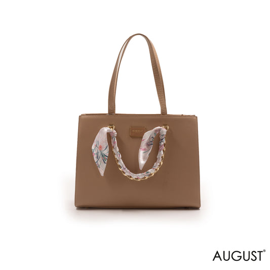 BEIGE LEATHER HANDBAG WITH GOLD CHAIN AND SCARF -LARGE