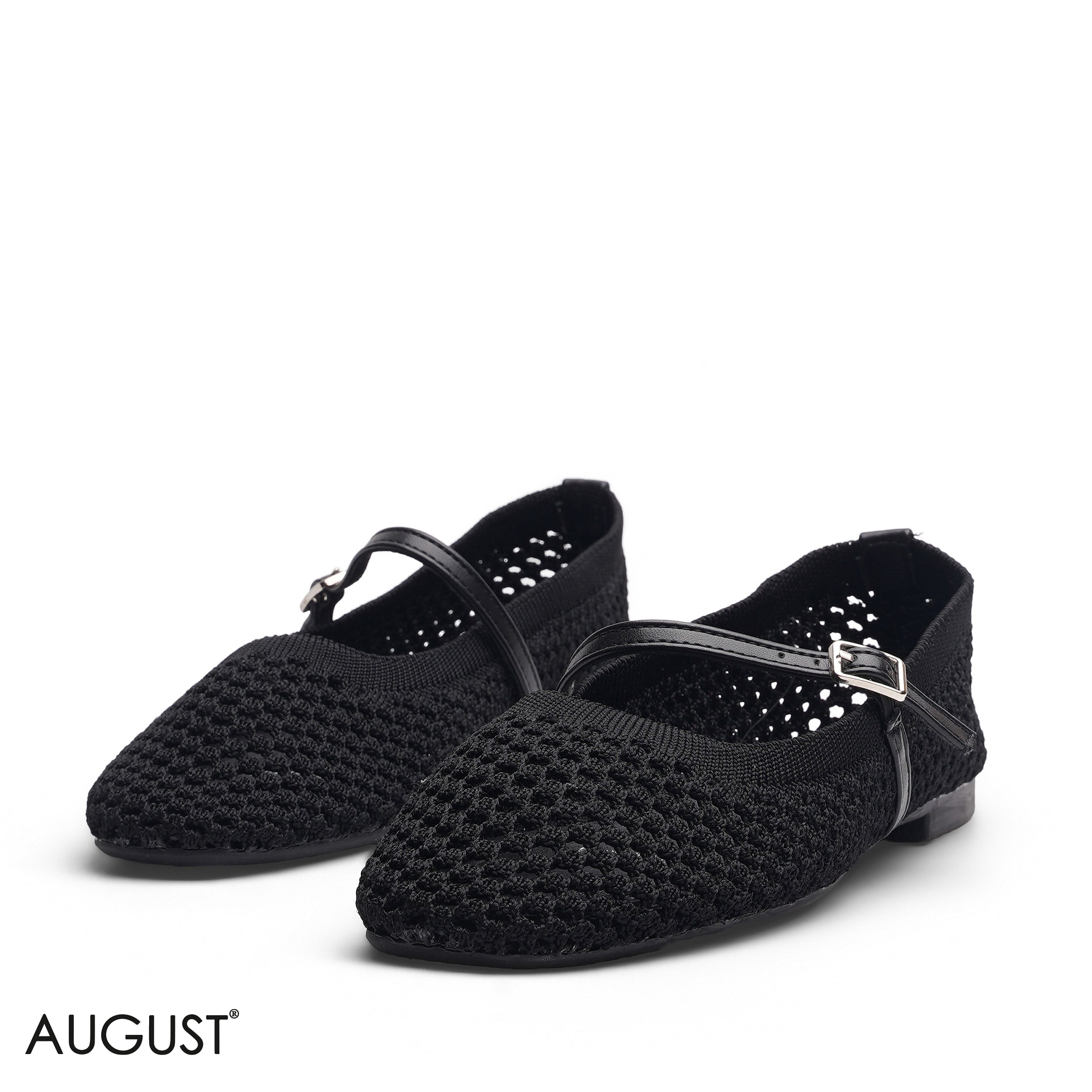 BLACK KNIT OPEN WEAVE MARY JANE FLATS