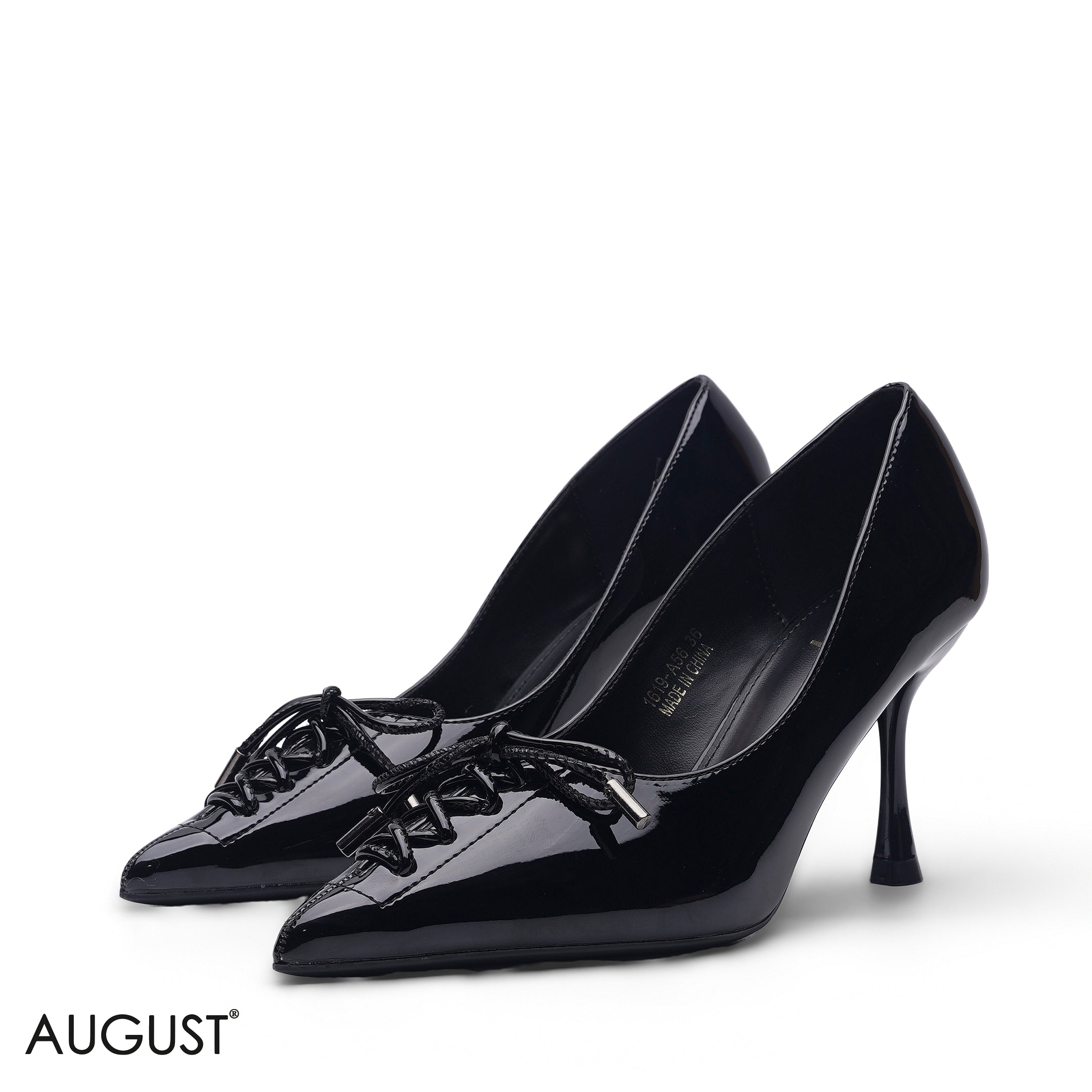BLACK GLOSSY PATENT LEATHER LACE-UP POINTED PUMPS