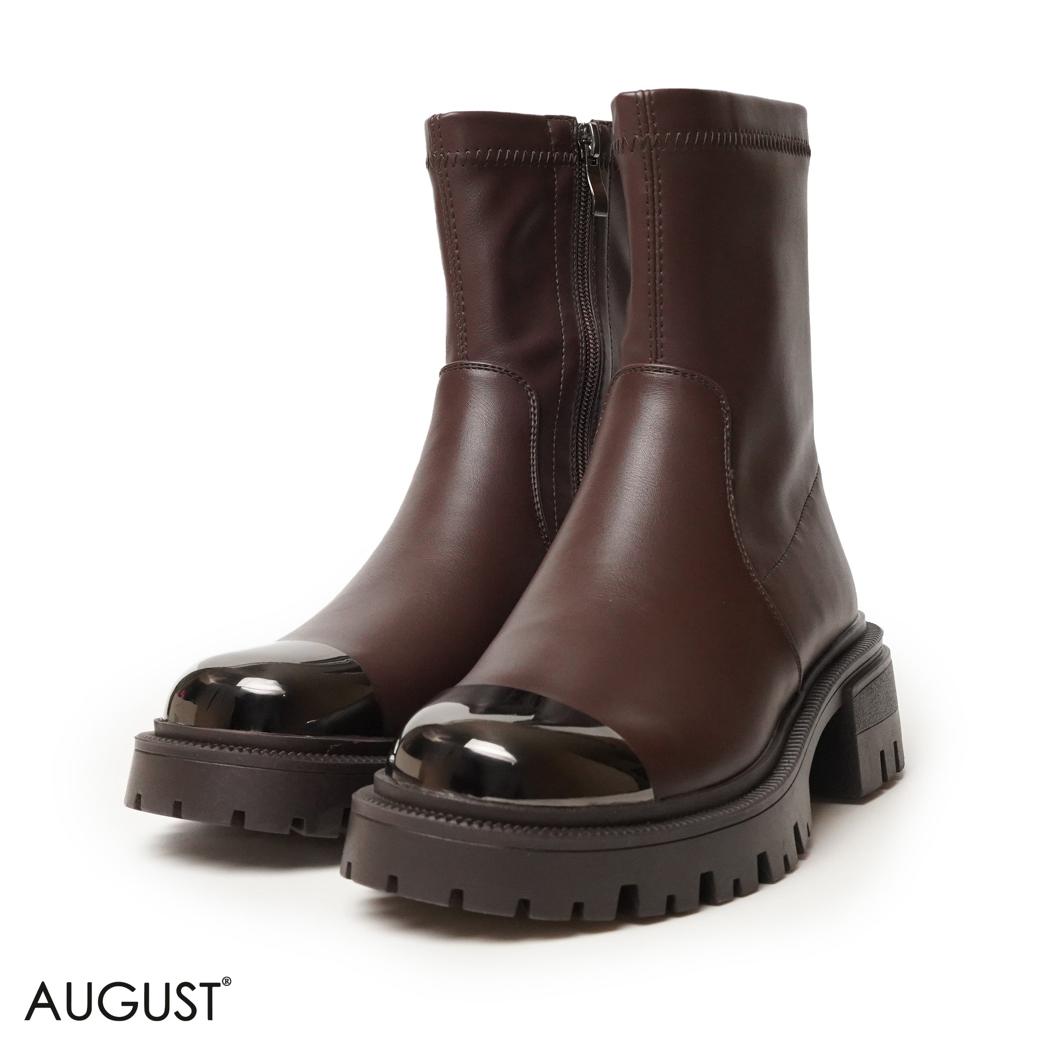 BROWN LEATHER ANKLE BOOTS WITH METALLIC TOE DESIGN