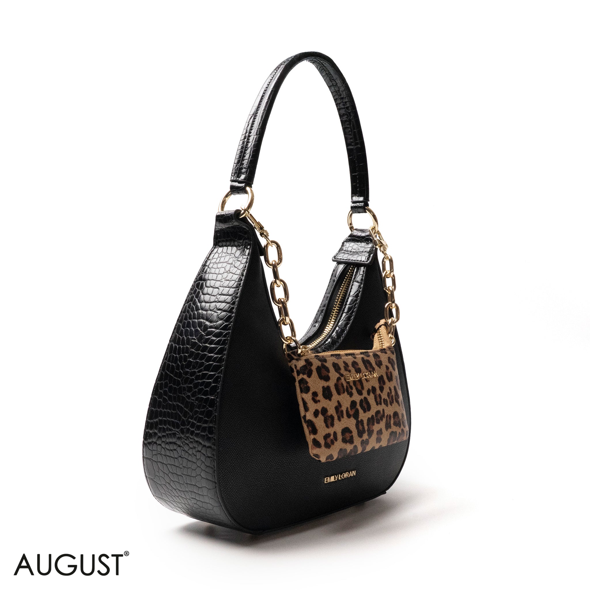 MODERN BLACK LEATHER HANDBAG WITH METAL CHAIN - MED