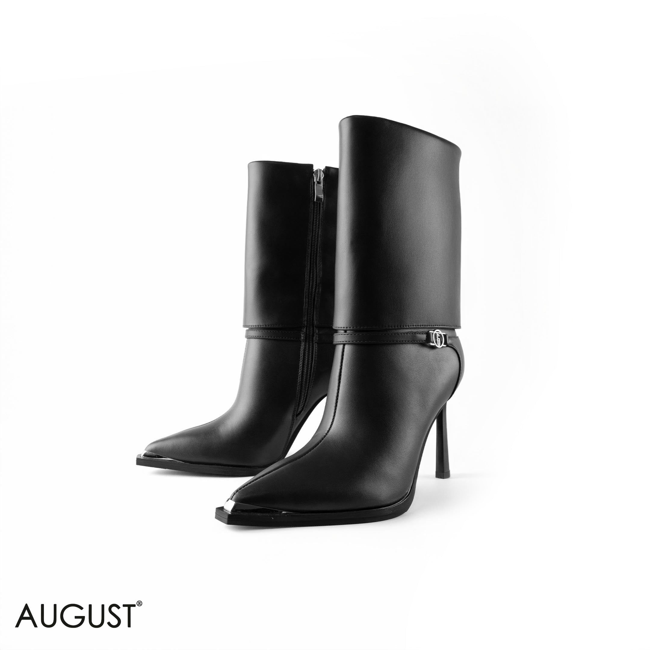 BLACK LEATHER STILETTOS HEELED BOOTS WITH BUCKLE DETAIL