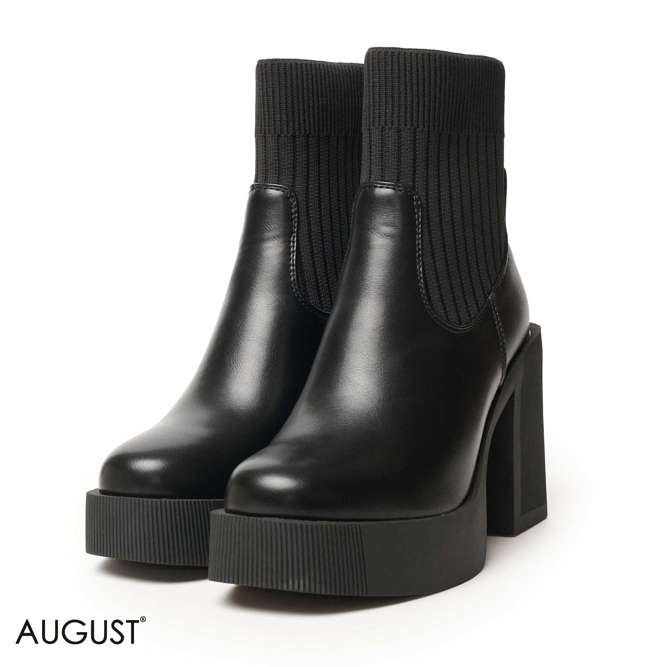 BLACK STRETCHY SOCK HEELED ANKLE BOOTS