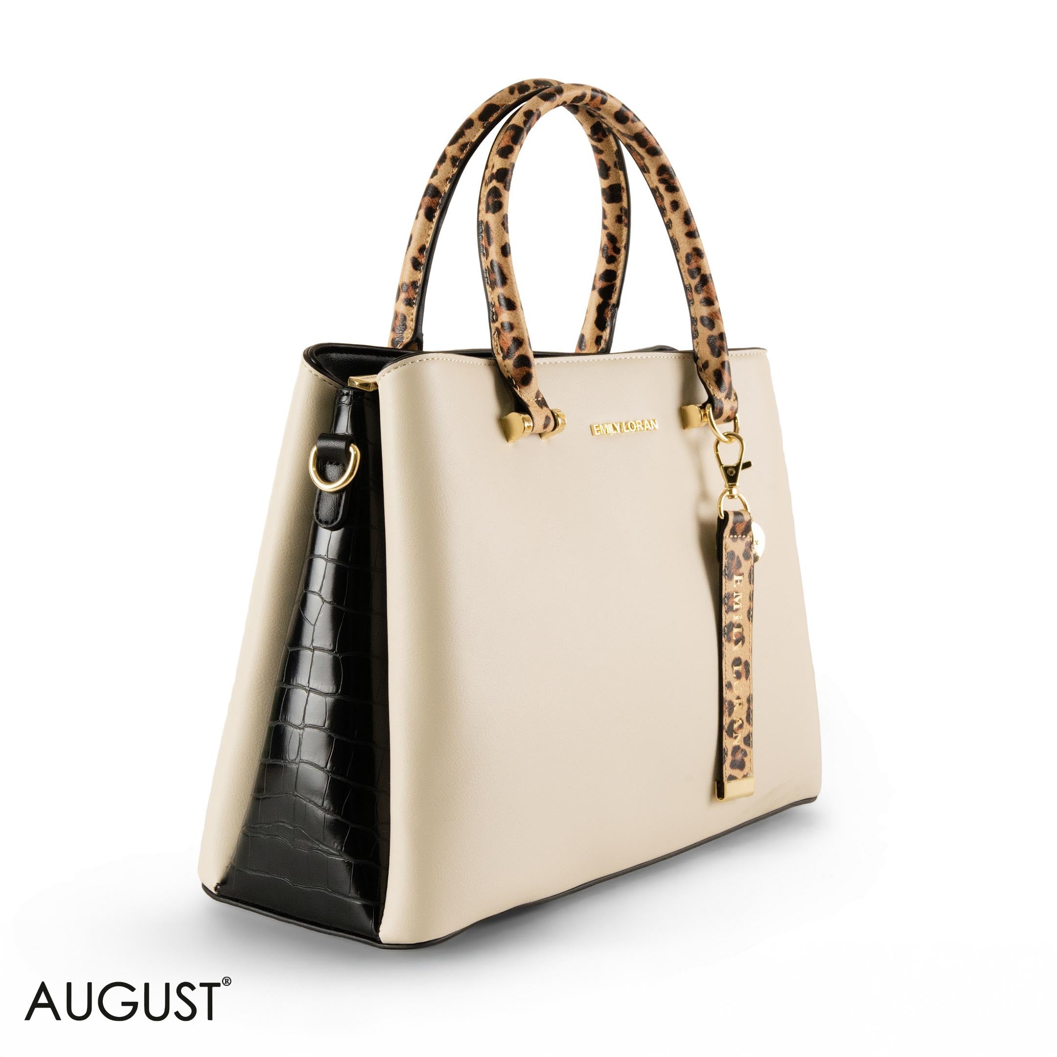 CREAMY SMOOTH LEATHER HANDBAG WITH LEOPARD ACCENTS - LARGE