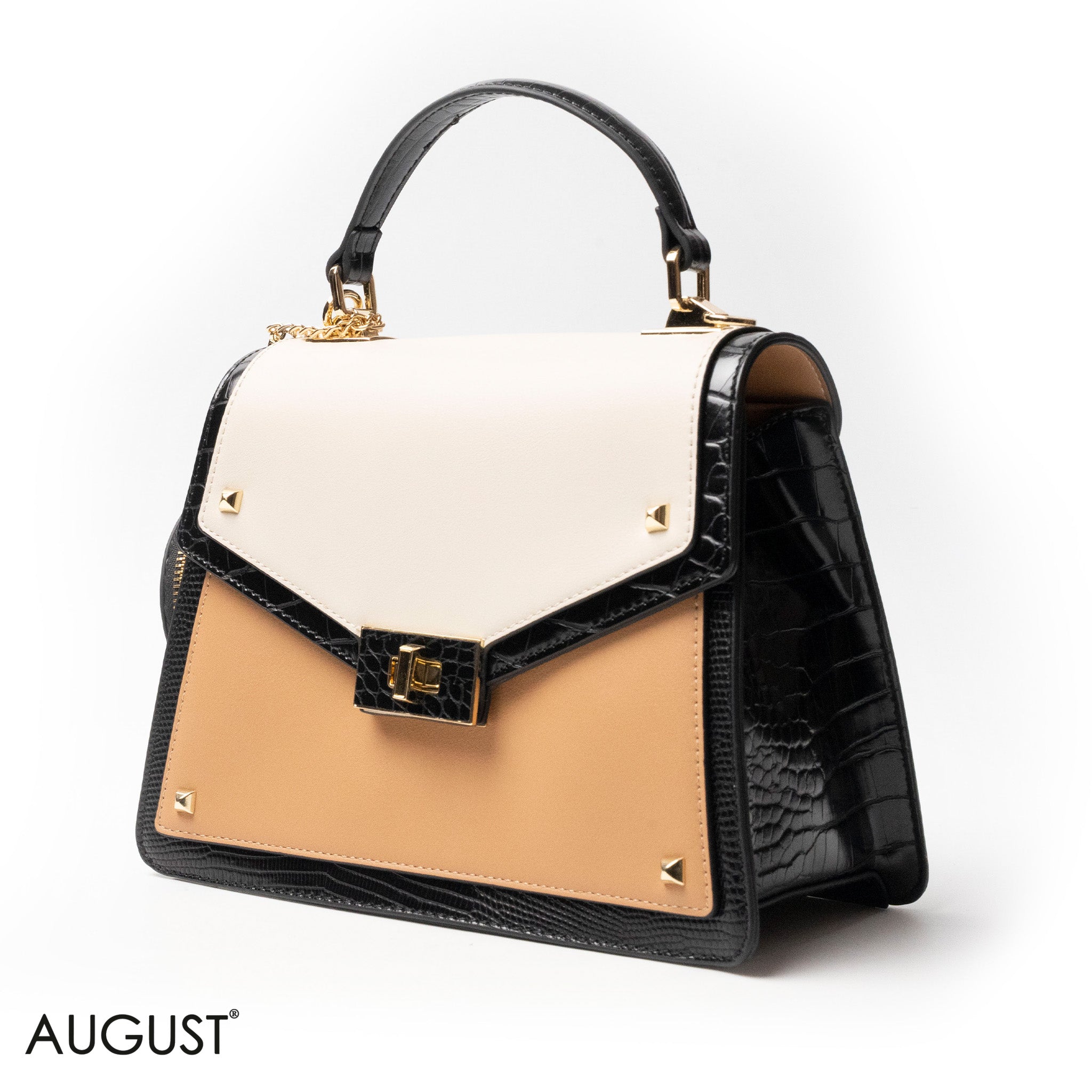 MIXED-COLOR LEATHER HANDBAG WITH FLAP - MED