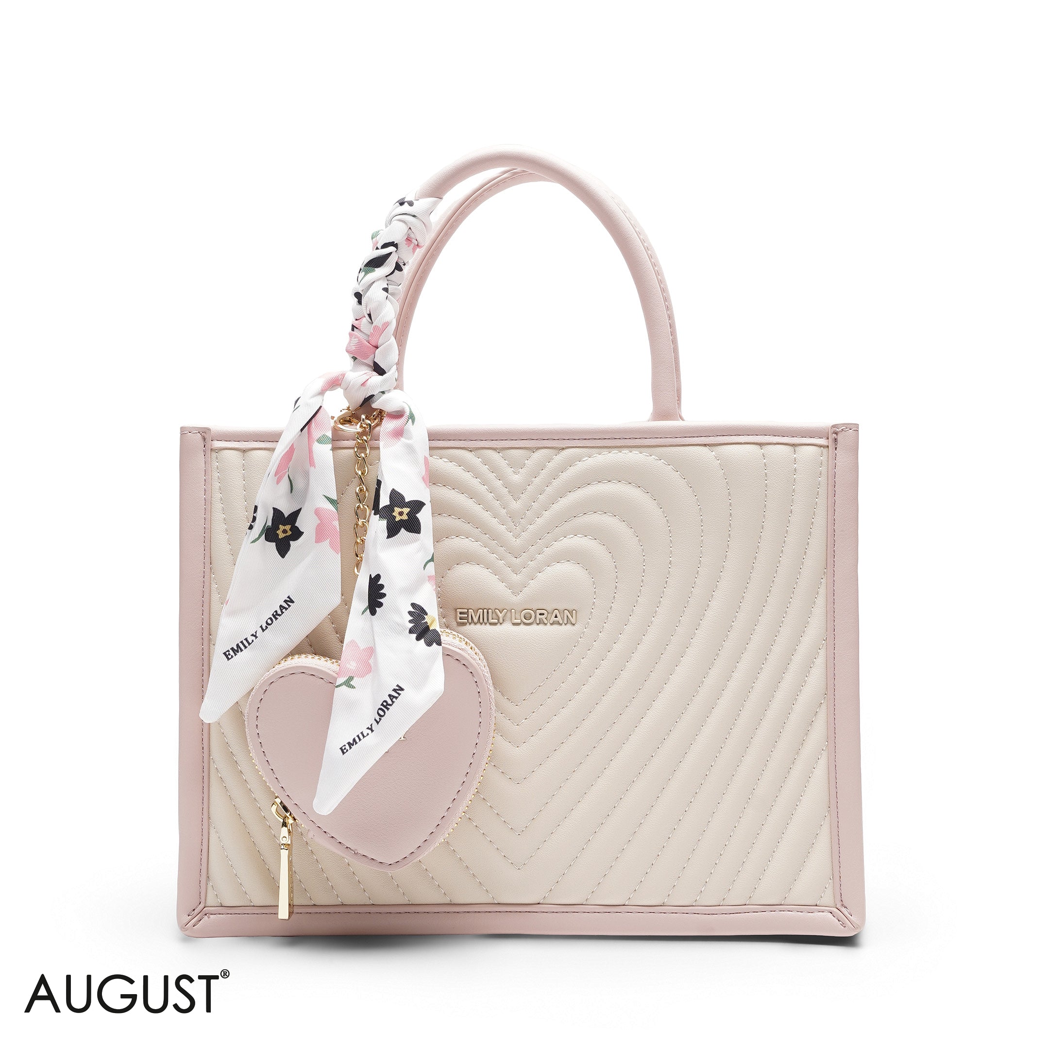 HEART QUILTED FLORAL SCARF BEIGE&PINK TOTE BAG