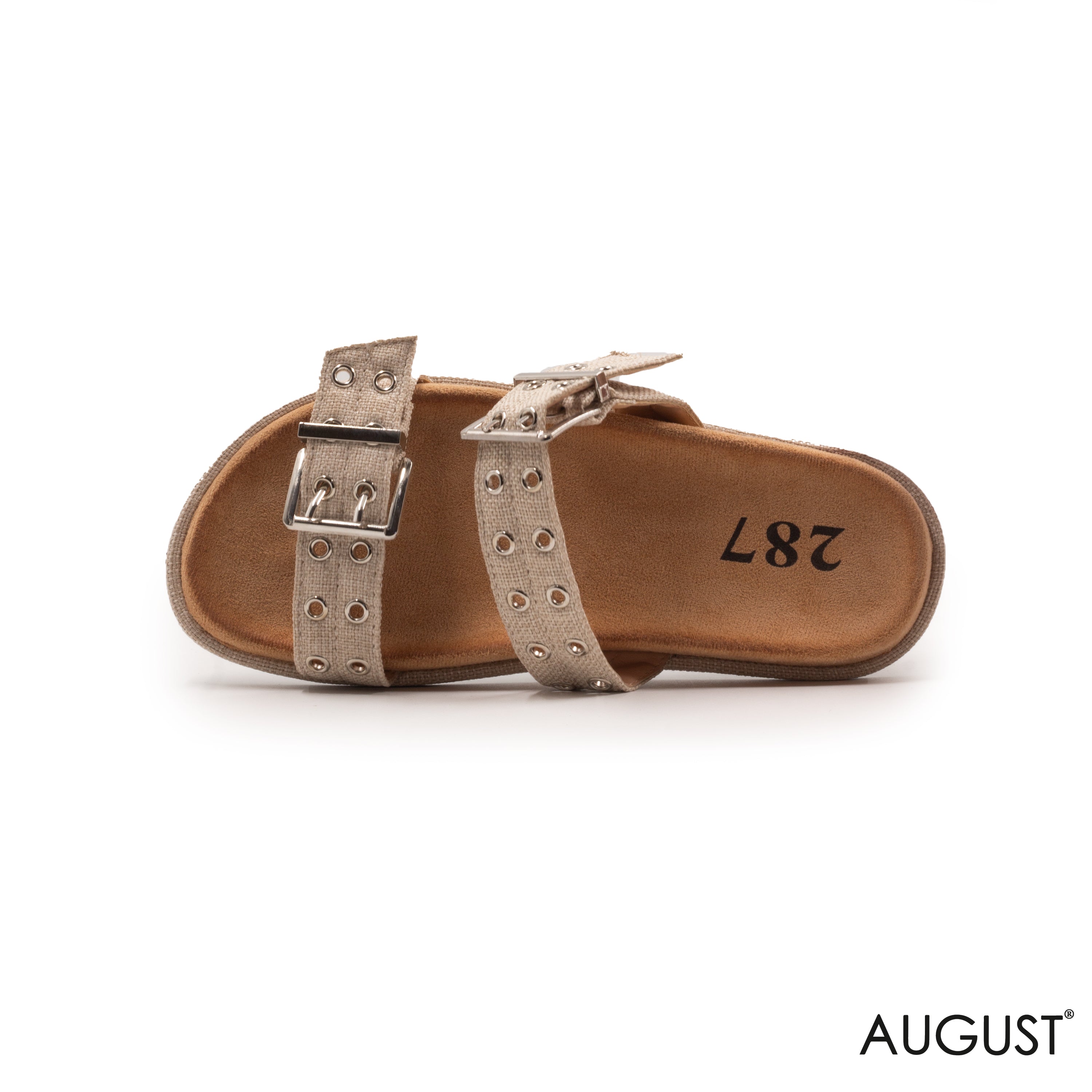 BEIGE FABRIC STRAPS SLIPPERS WITH BUCKLED