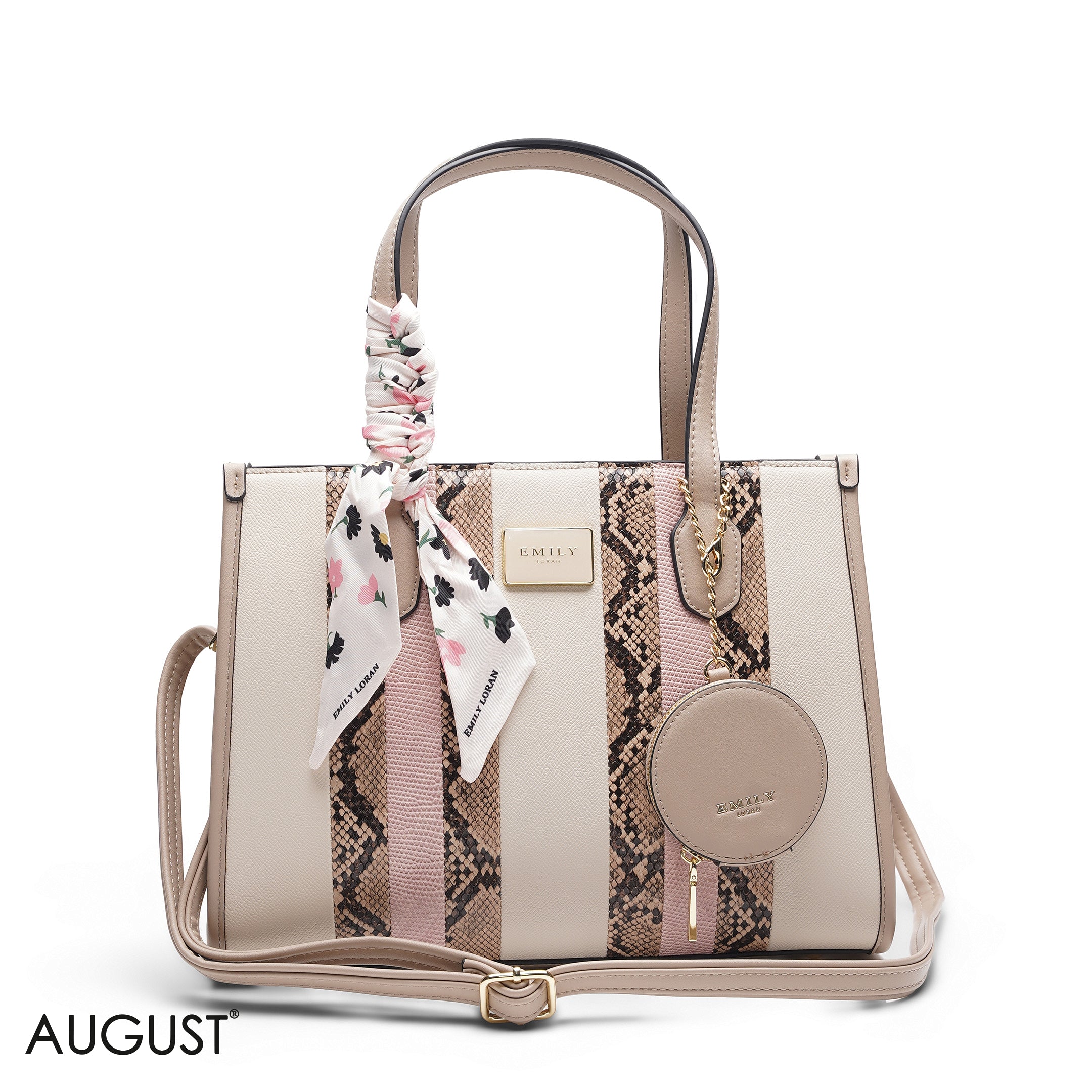 BEIGE & PINK SNAKESKIN TOTE WITH POUCH - LARGE