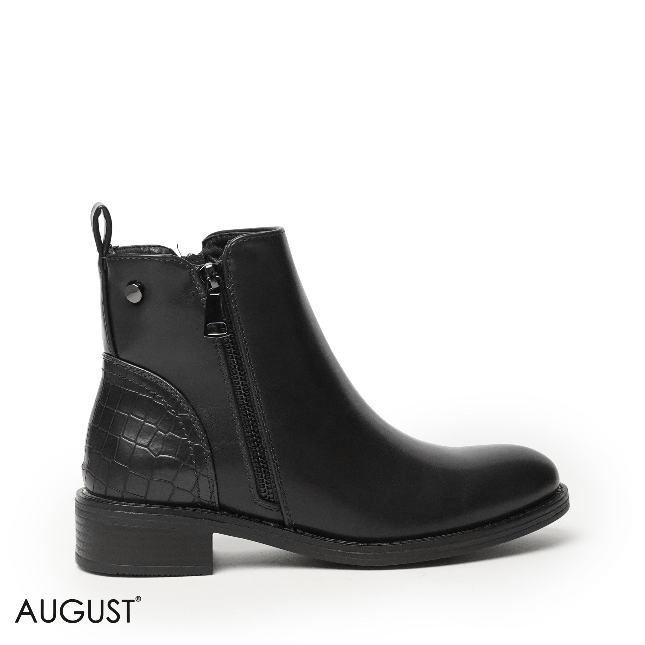 BLACK LEATHER ANKLE BOOTS WITH CROCODILE TOUCH