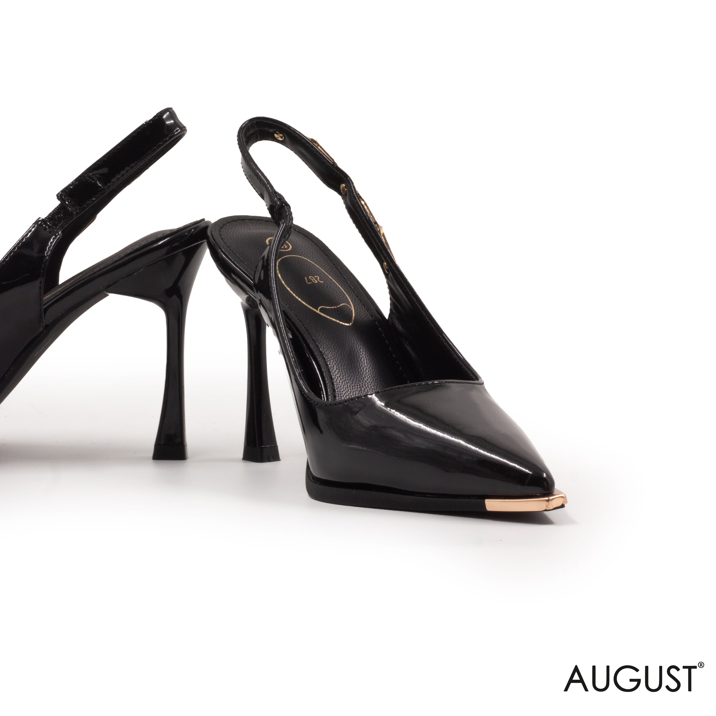 BLACK GLOSSY LEATHER SLINGBACK HIGH -HEEL SHOES