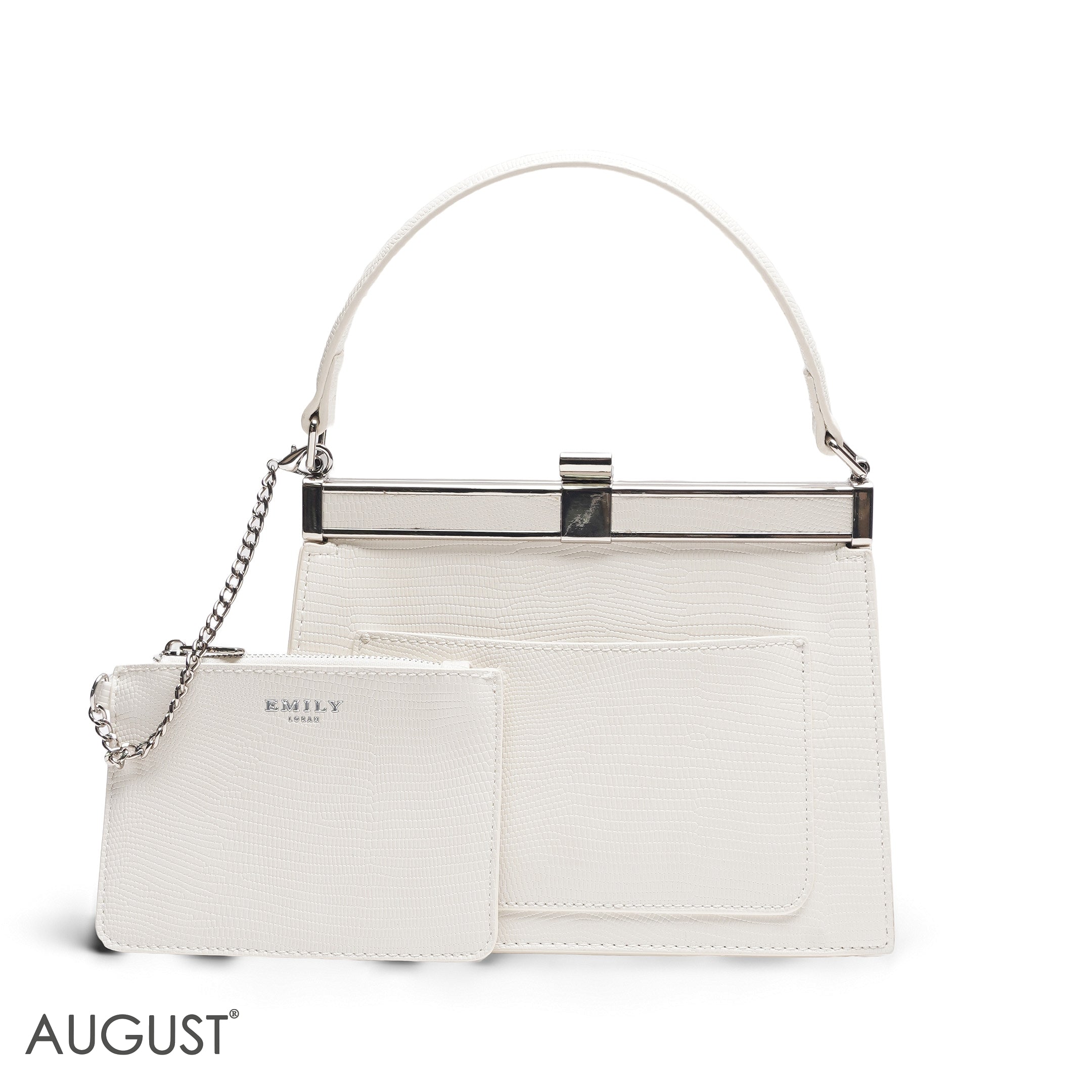 EMILY SOLID WHITE TEXTURED FRAME BAG WITH MINI POUCH - MED