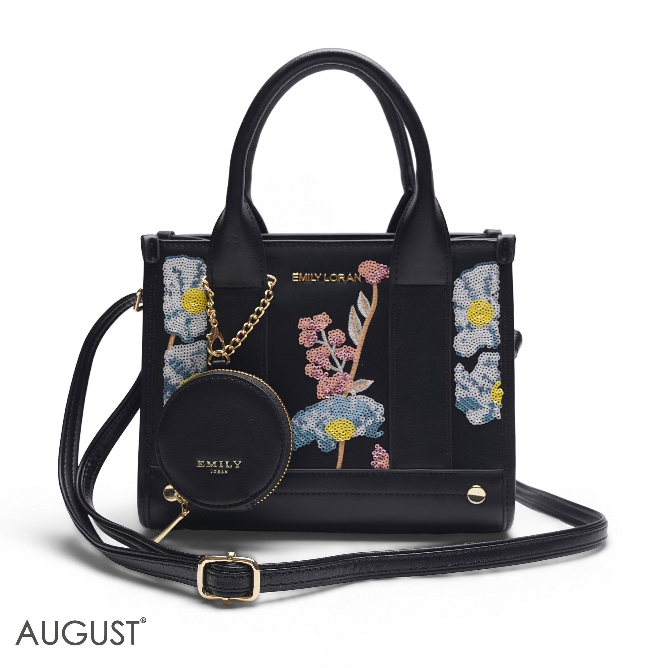 BLACK SEQUIN FLORAL TOTE WITH ROUND POUCH
