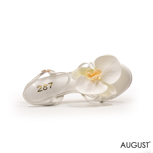 WHITE LEATHER HEELED SANDAL WITH DETAILS FLOWER