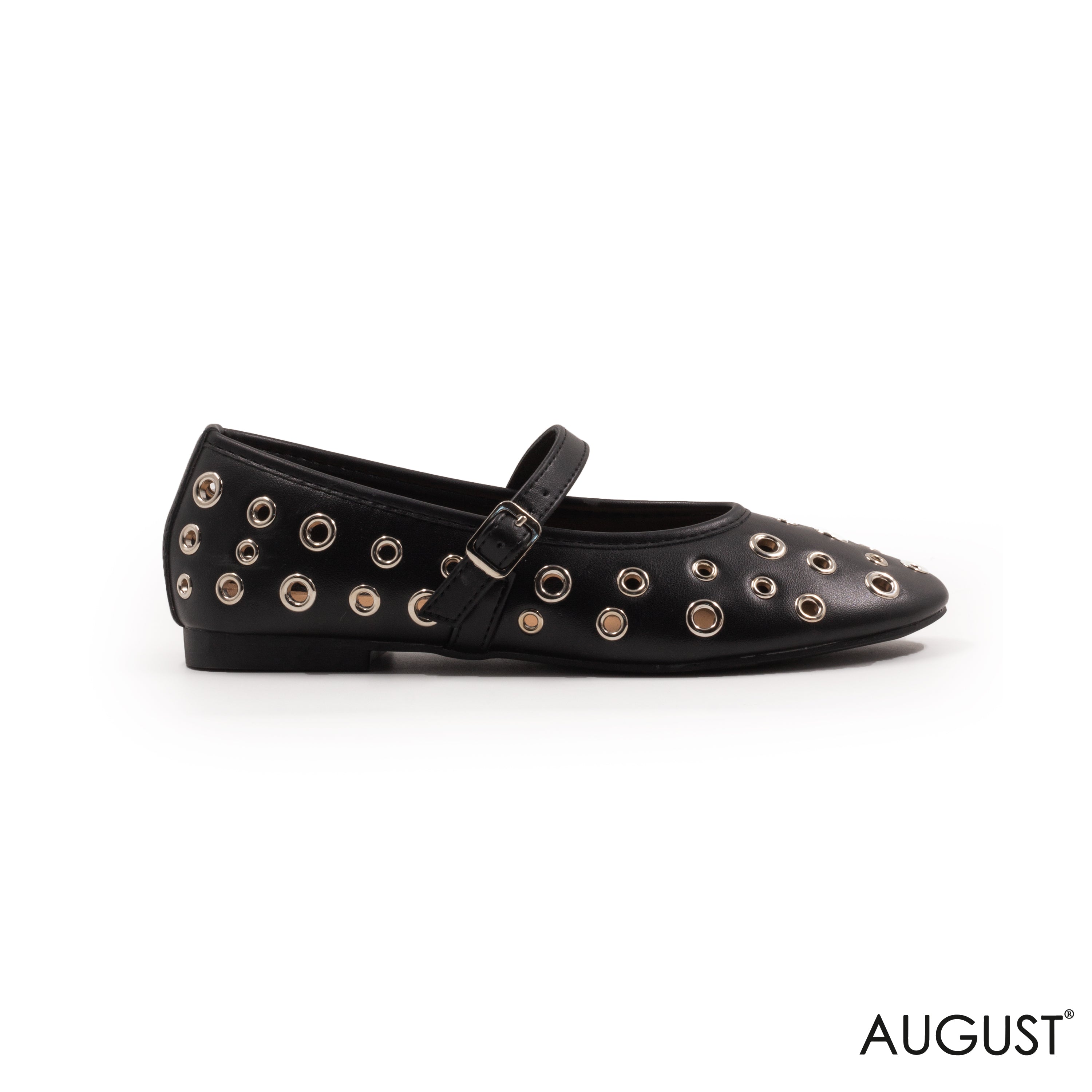 BLACK LEATHER FLAT BALLET WITH METAL EYELETS AND BUCKLE