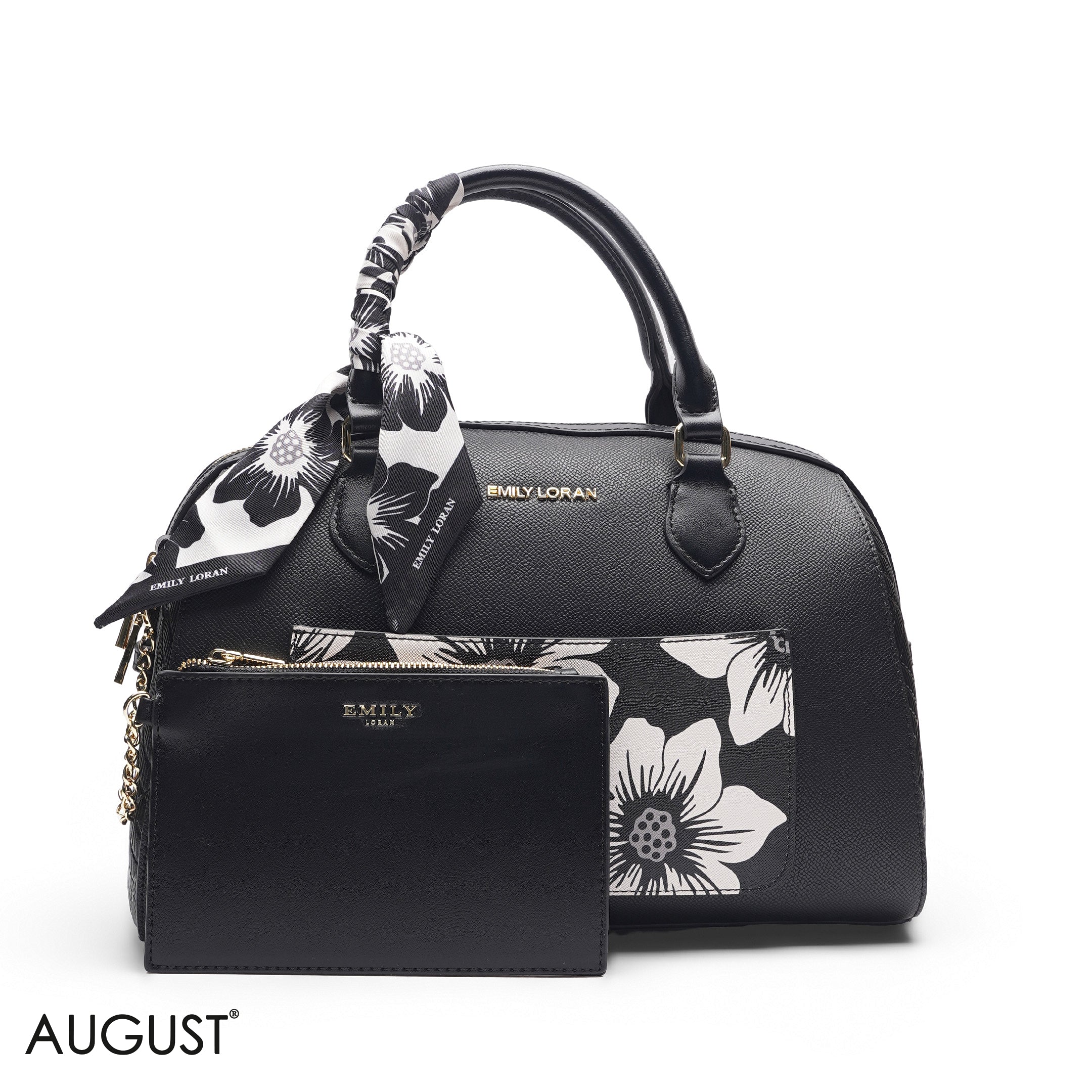 BLACK FLORAL BAG WITH FRONT POUCH & SCARF - LARGE