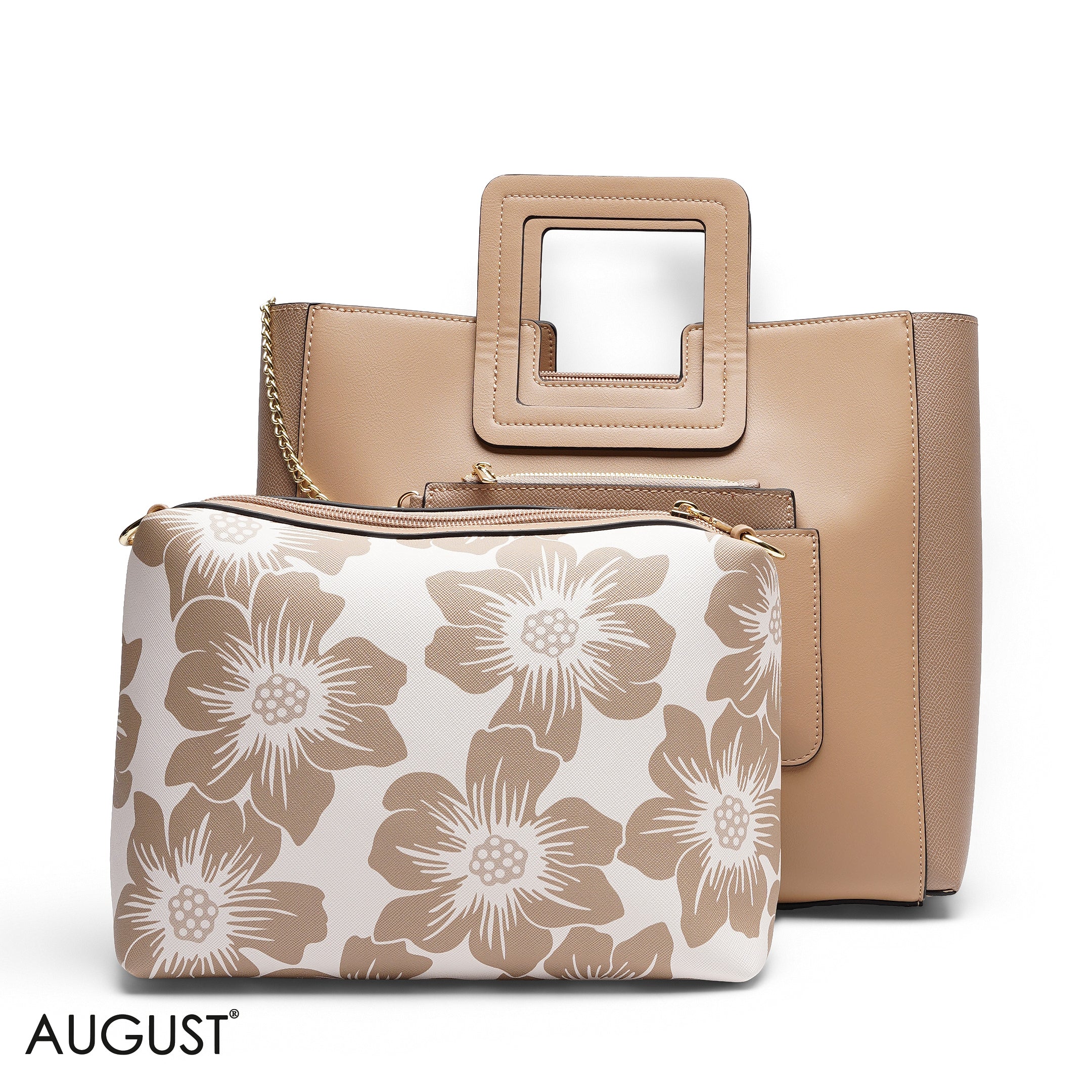 BEIGE TEXTURED LEATHER TOTE WITH FOORAL POUCH BAG