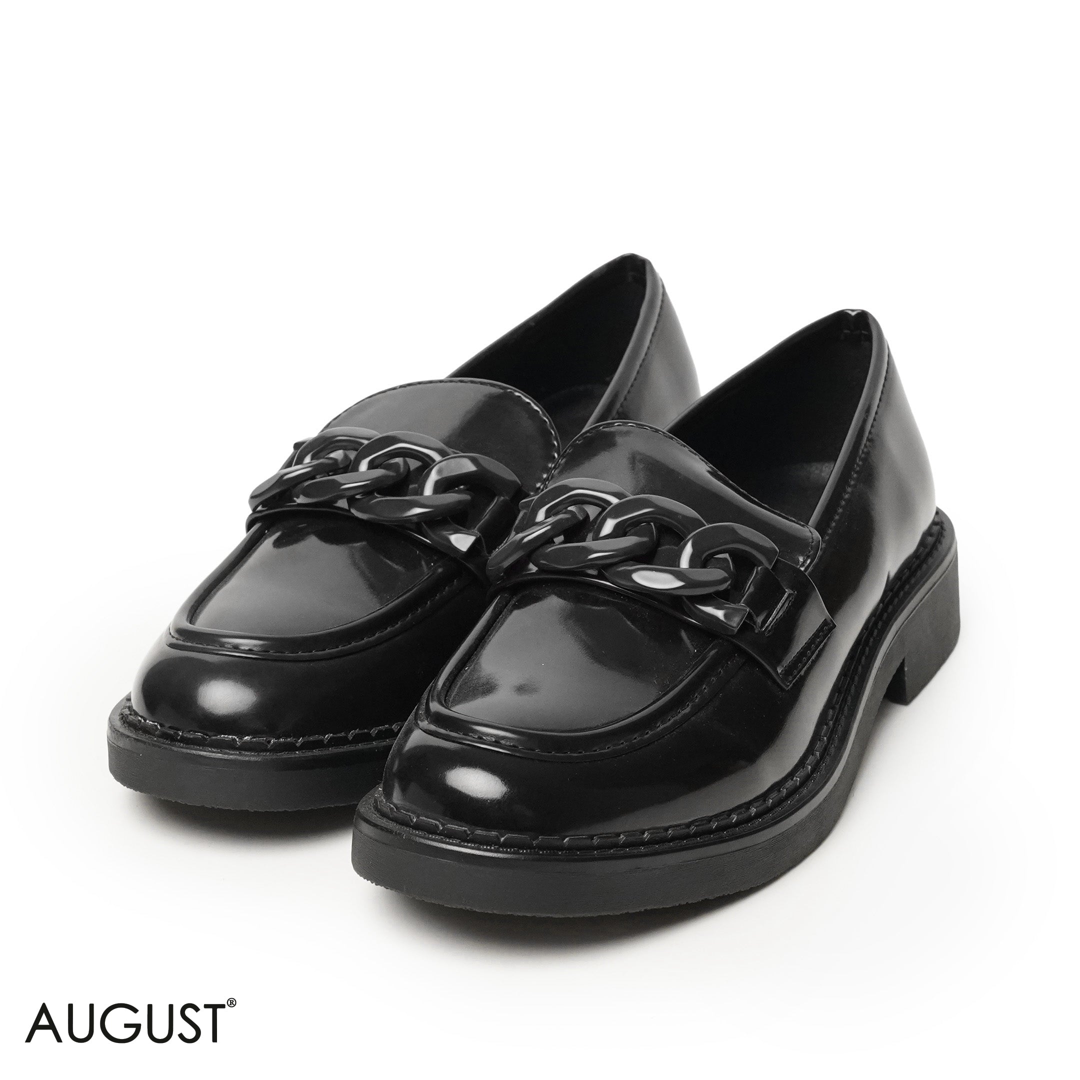 GLOSSY LEATHER LOAFERS WITH METAL BELT