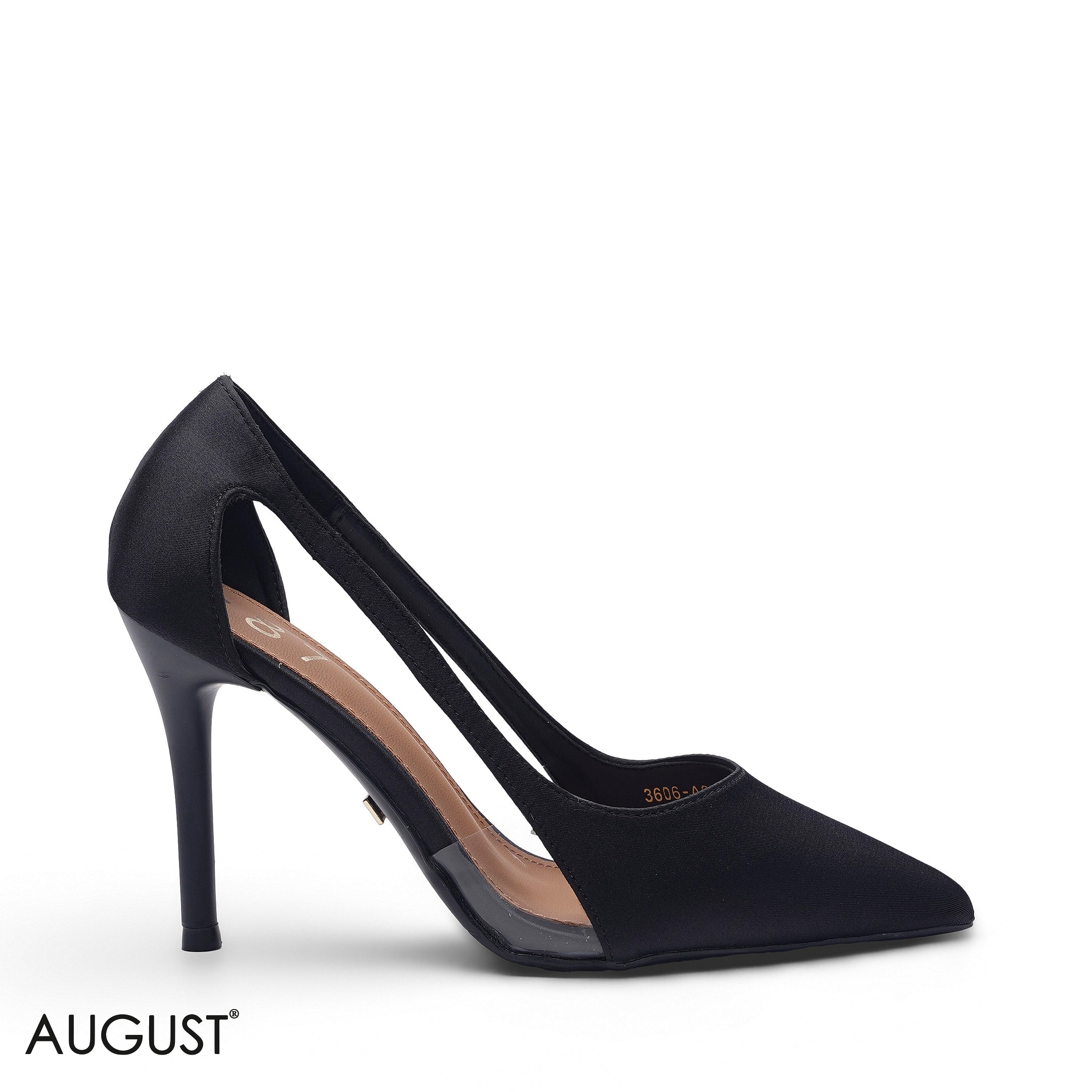 BLACK SATIN CUT-OUT SIDE POINTED TOE HEELS