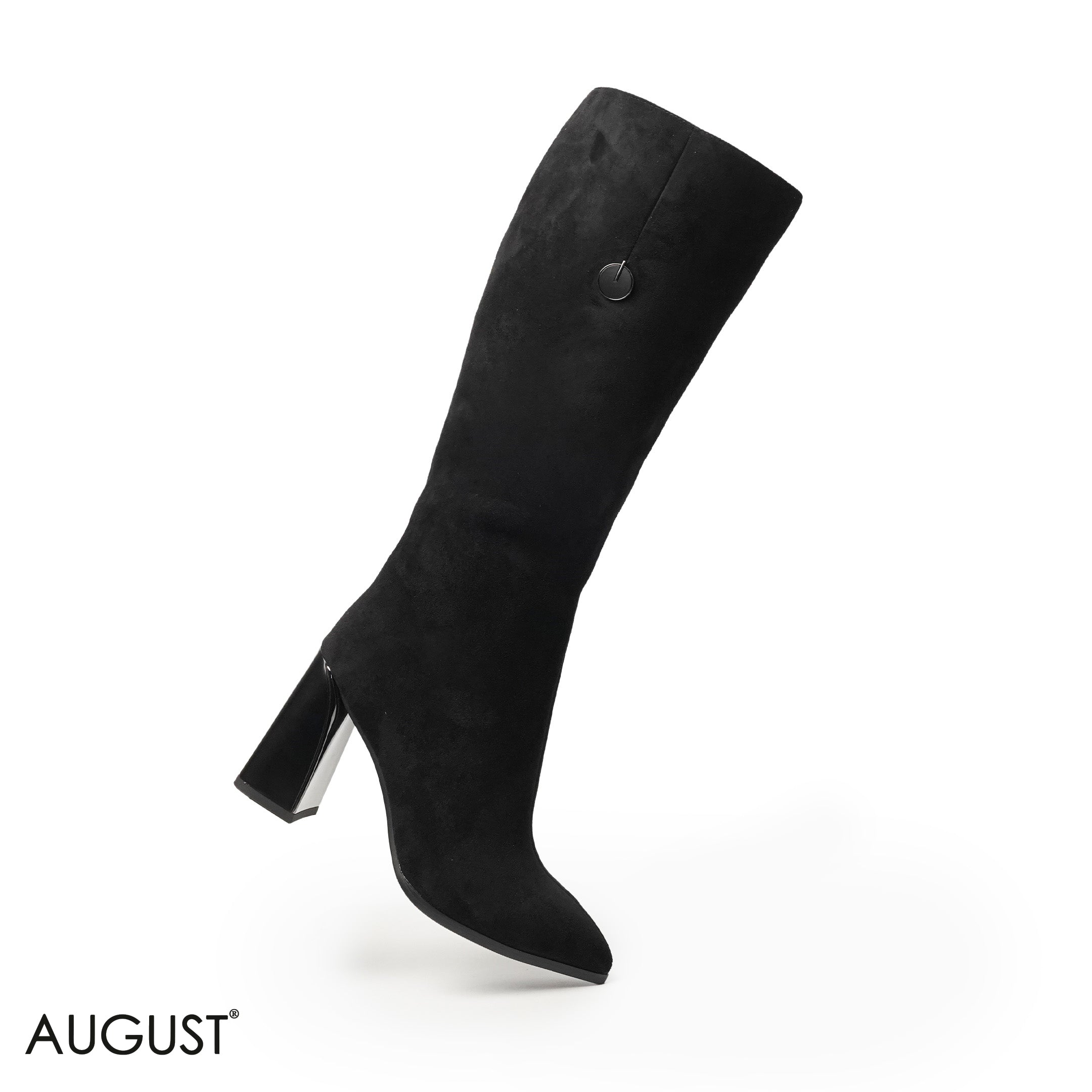 BLACK CHAMOIS LEATHER HEELED LONG BOOTS WITH SIDE ZIPPER