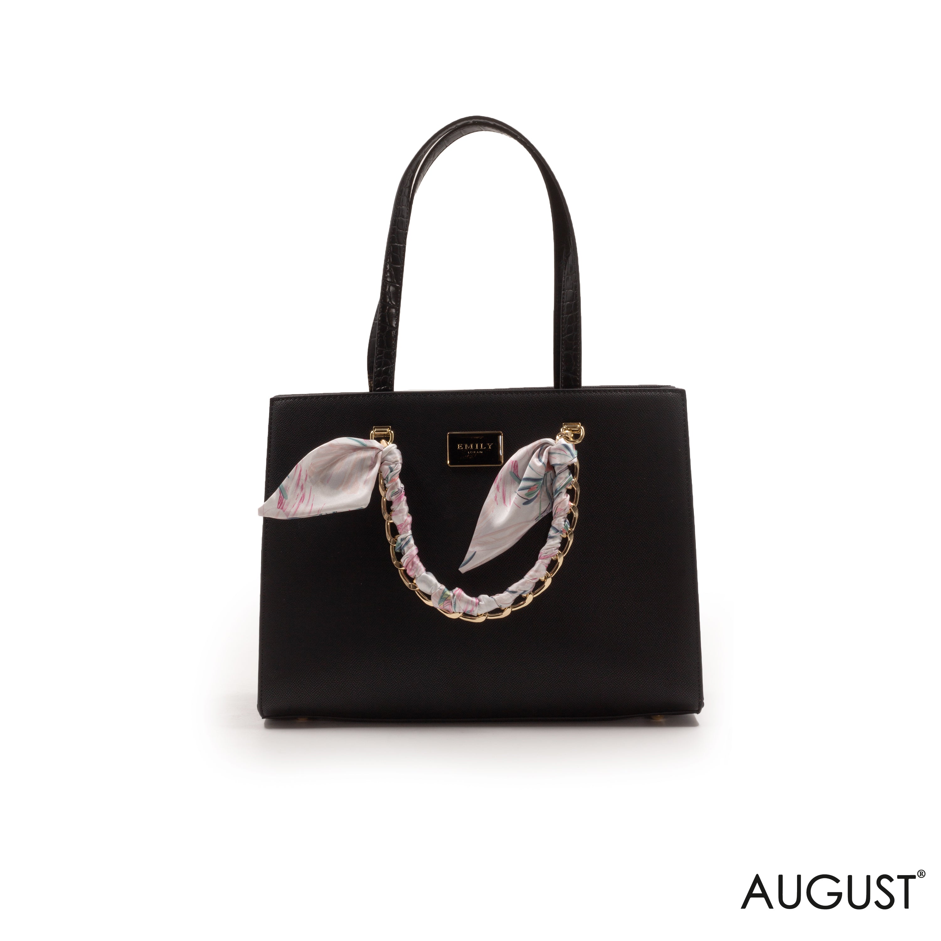 BLACK LEATHER HANDBAG WITH GOLD CHAIN AND SCARF -LARGE