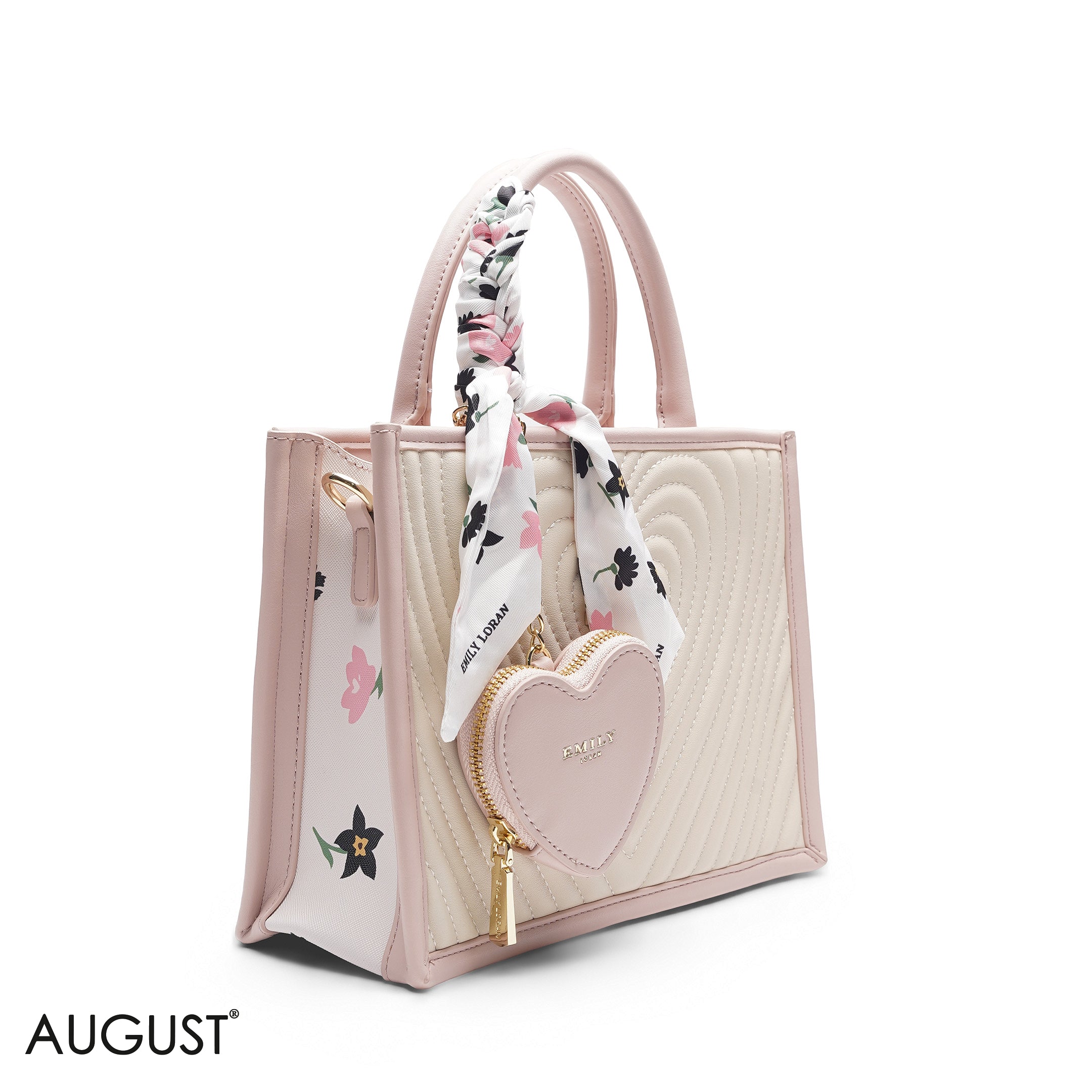 HEART QUILTED FLORAL SCARF BEIGE&PINK TOTE BAG