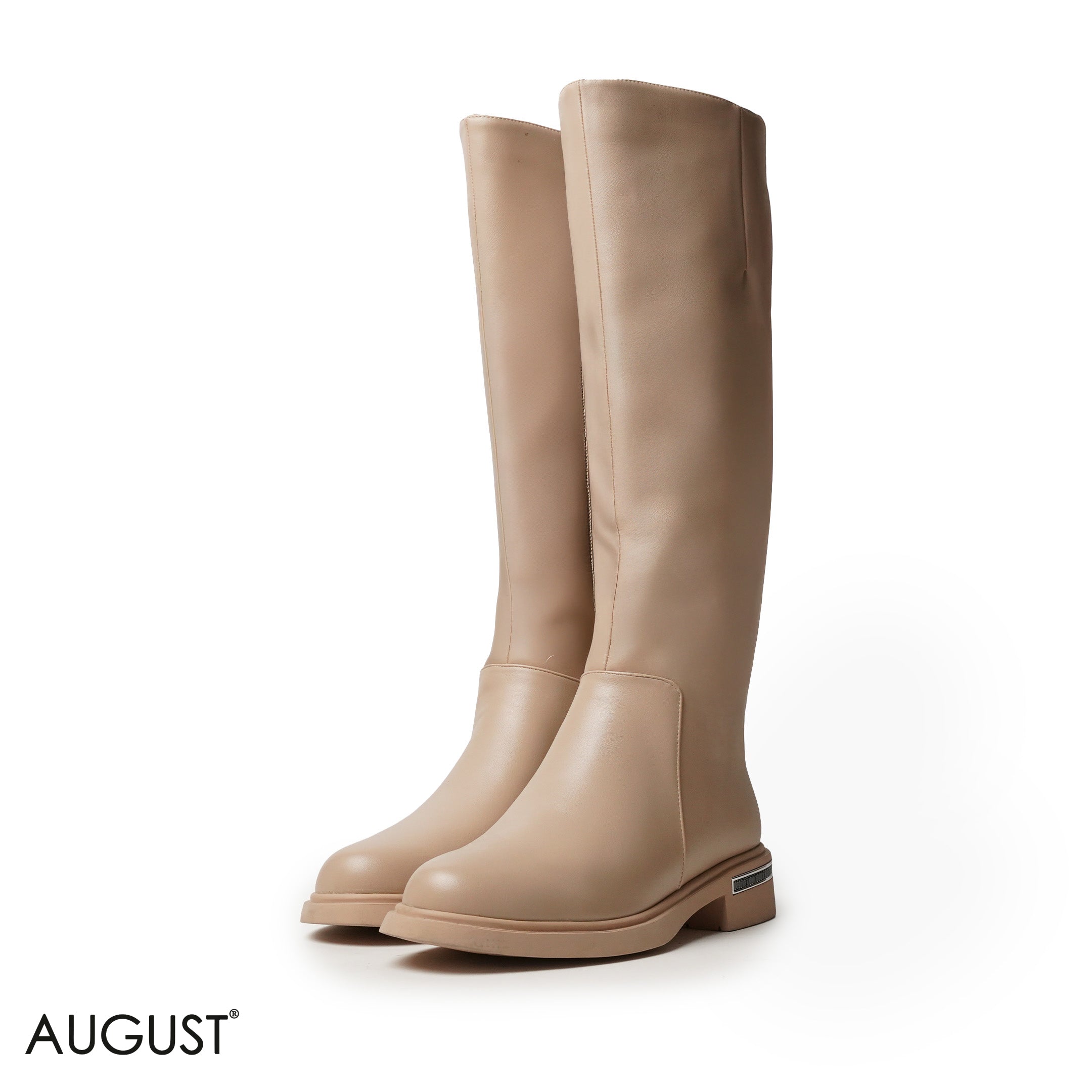 BEIGE SMOOTH LEATHER LONG BOOTS WITH SIDE ZIPPER