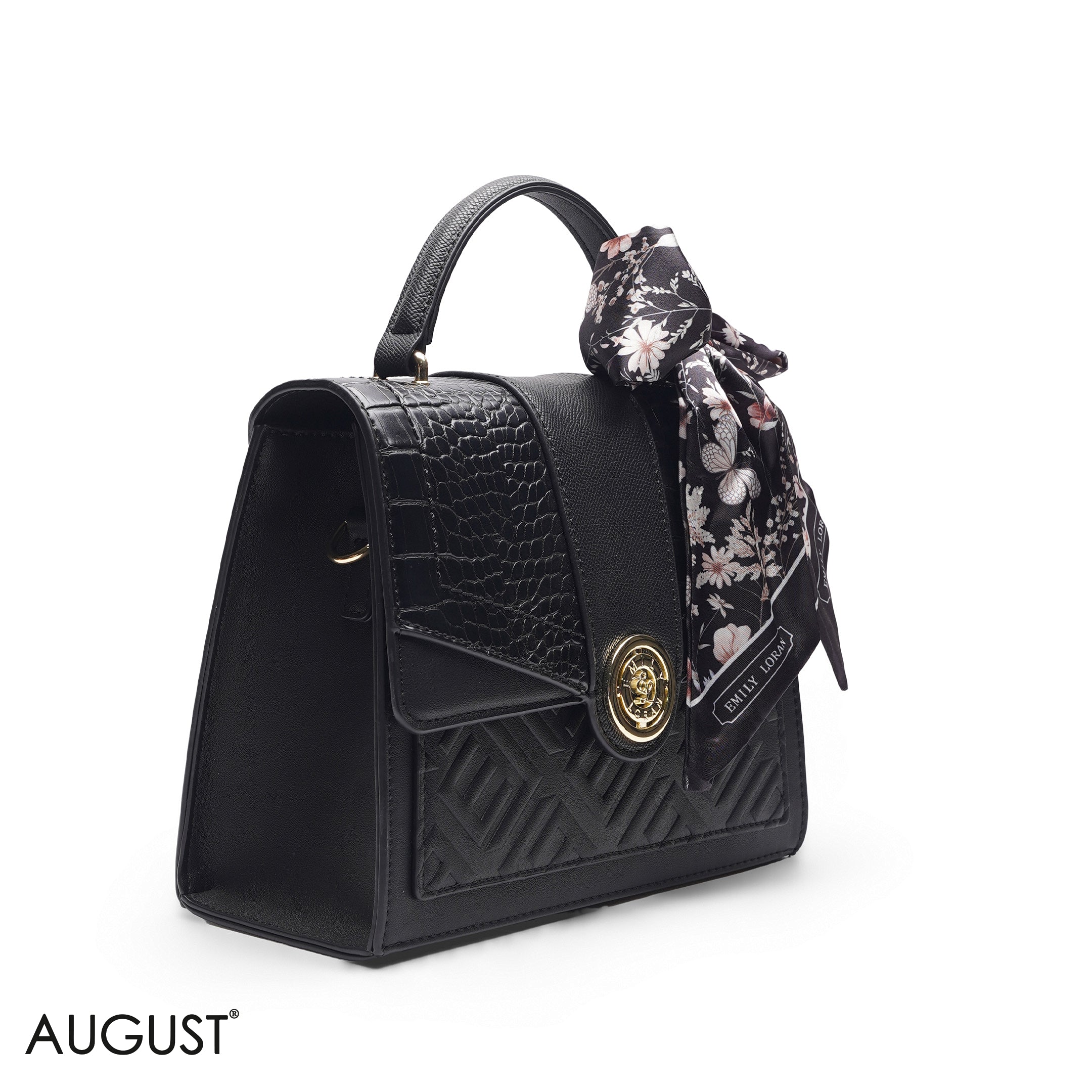 CROC EMBOSSED SCARF BLACK TOP HANDLE BAG