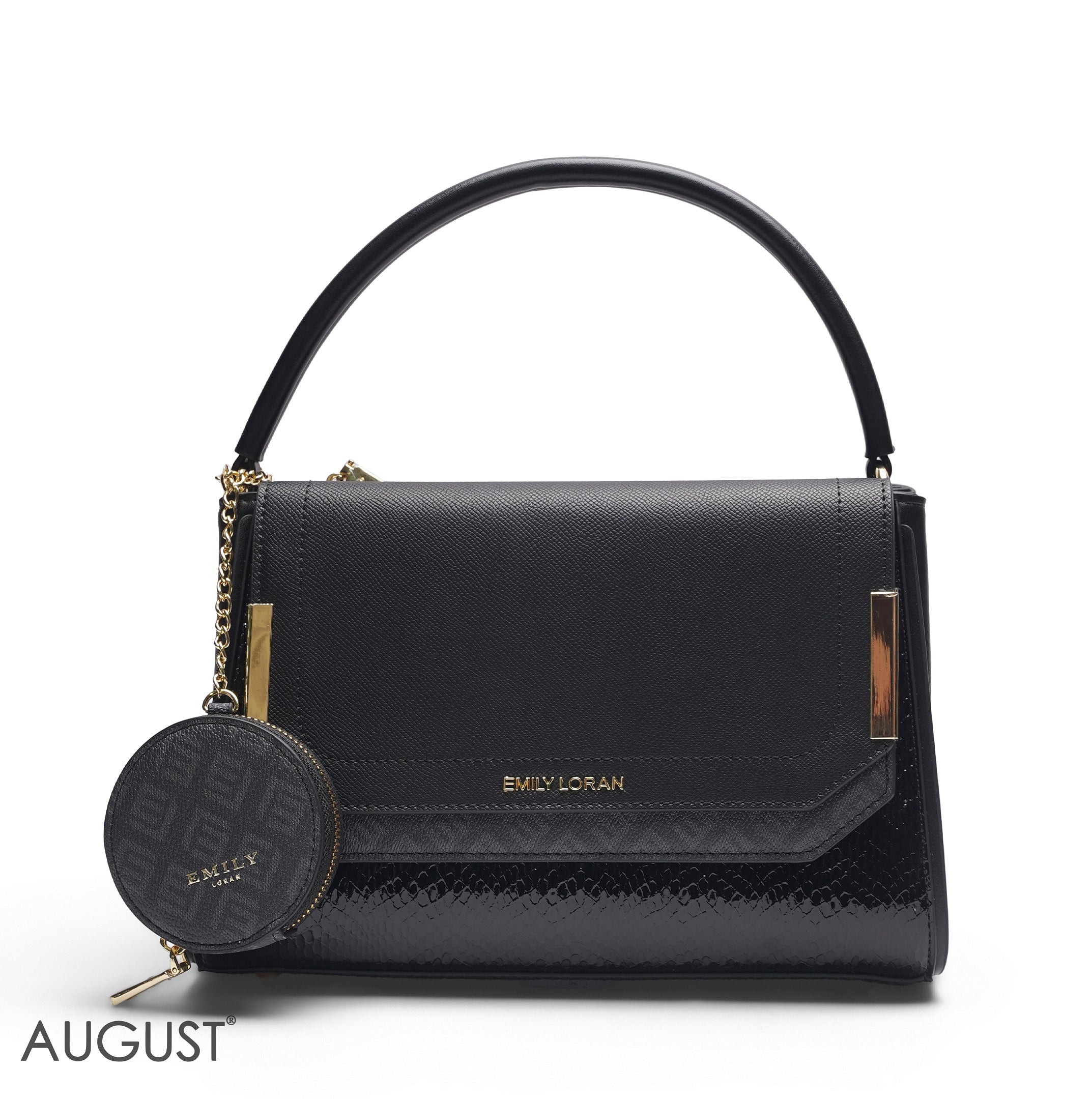 EMILY SOLID BLACK SATCHEL BAG WITH ROUND POUCH - MED