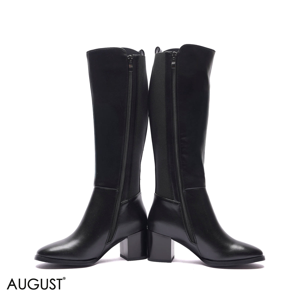 STRETCH-BACK BLOCK HEEL KNEE-HIGH BOOTS