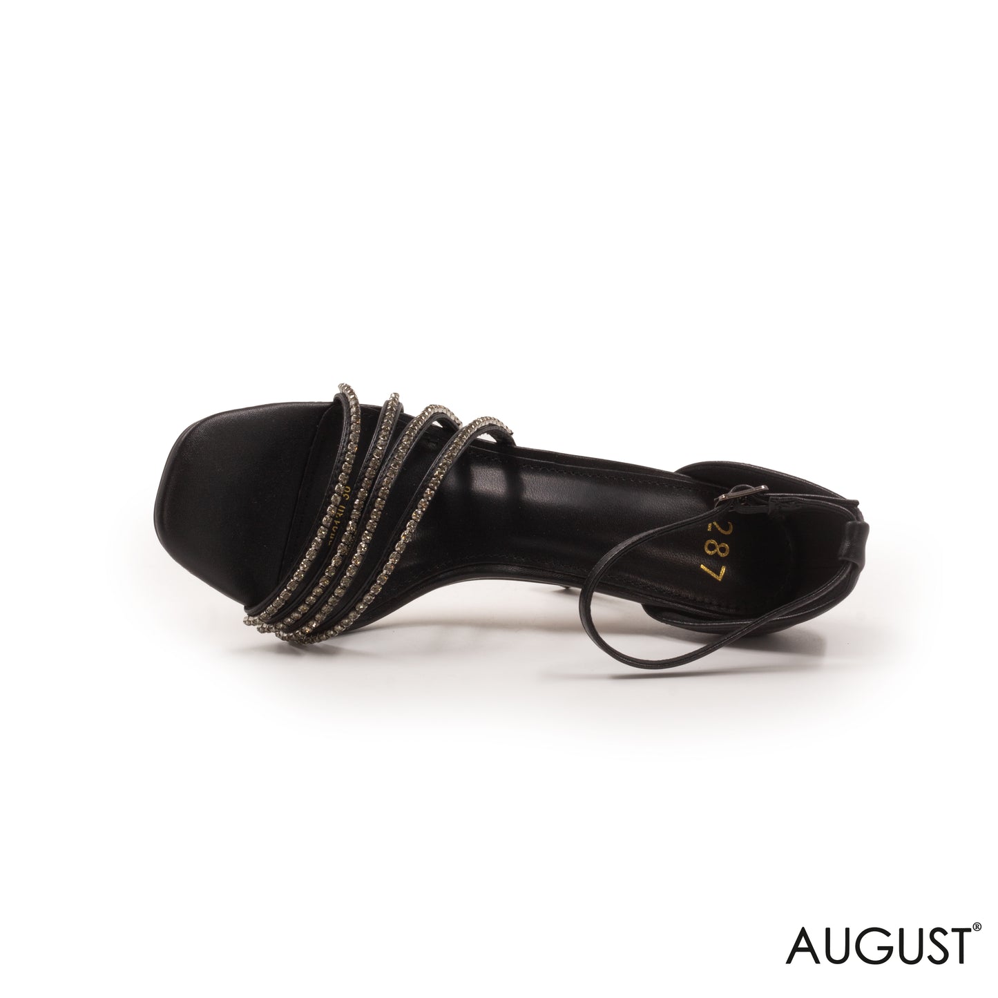 BLACK METALLIC STILETTO HEELED SANDAL WITH STRAPPY