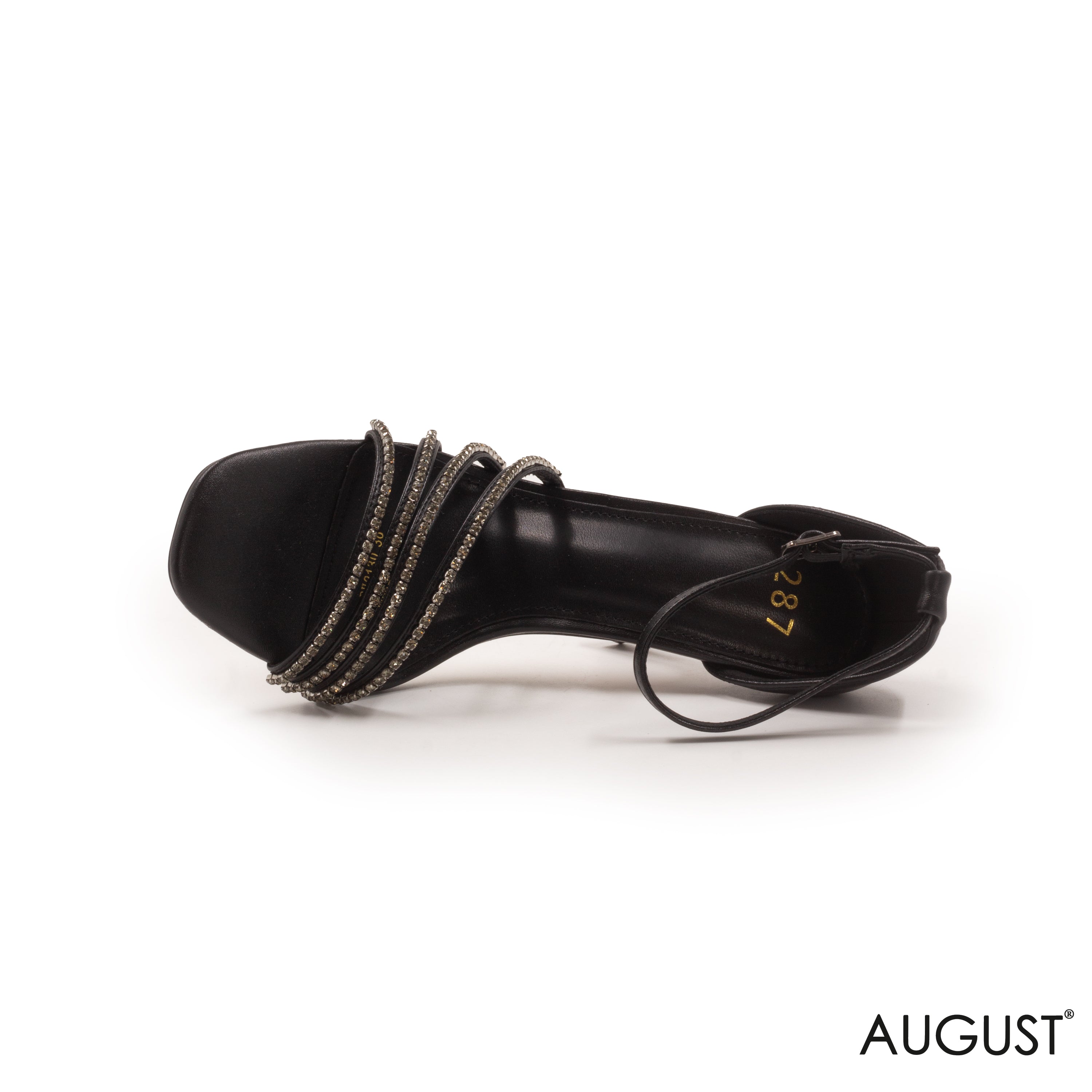 BLACK METALLIC STILETTO HEELED SANDAL WITH STRAPPY