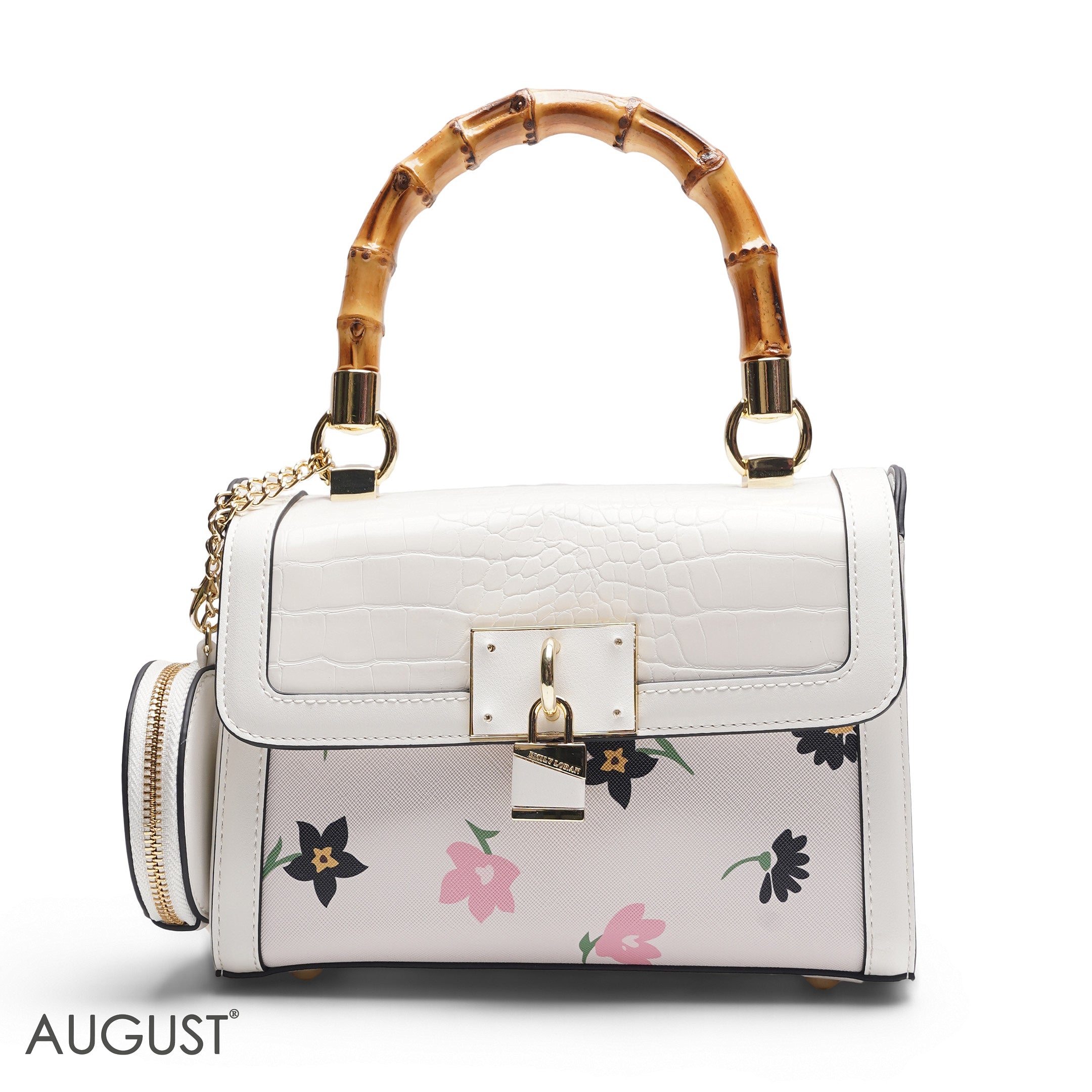 WHITE FLORAL BAMBOO HANDLE BAG WITH ROUND POUCH