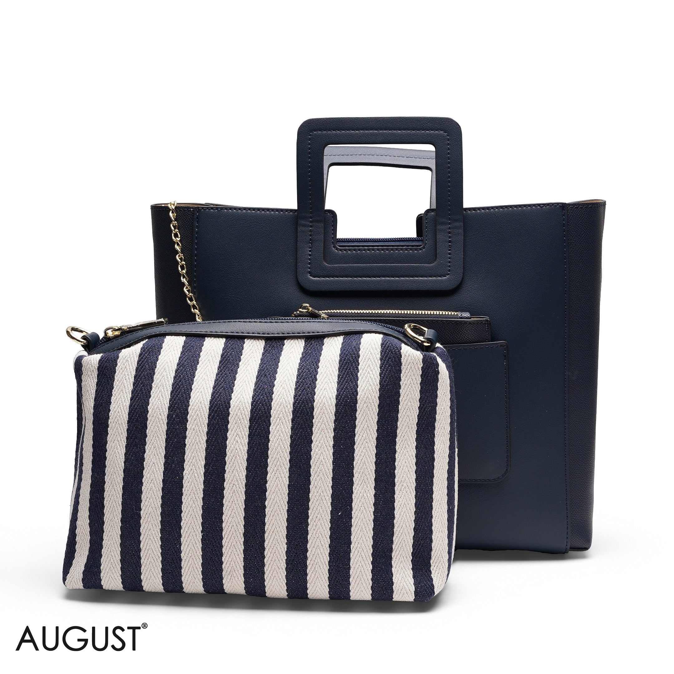 NAVY TEXTURED LEATHER TOTE WITH POUCH BAG