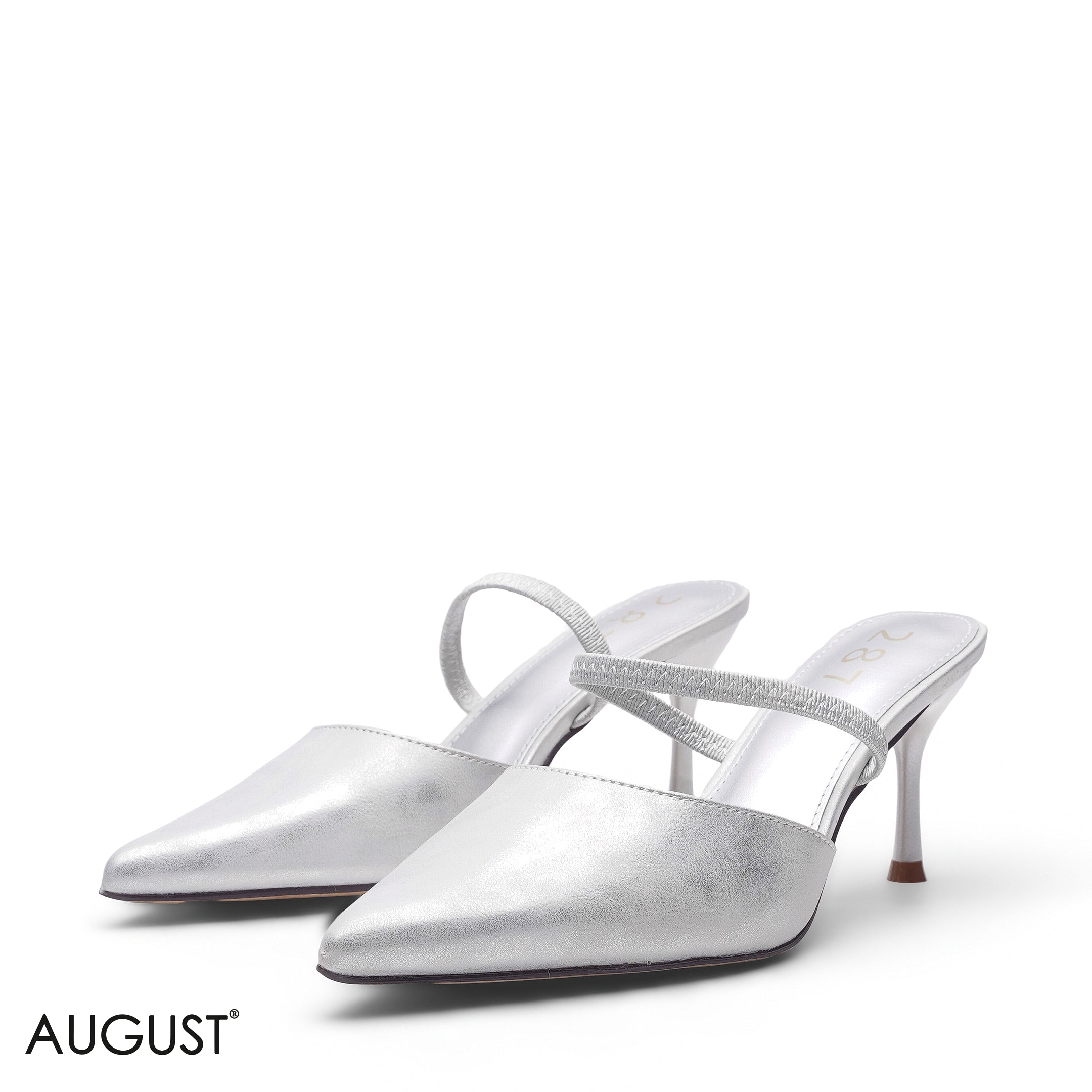 SILVER SMOOTH LEATHER ELASTIC STRAP POINTED TOE HEELS