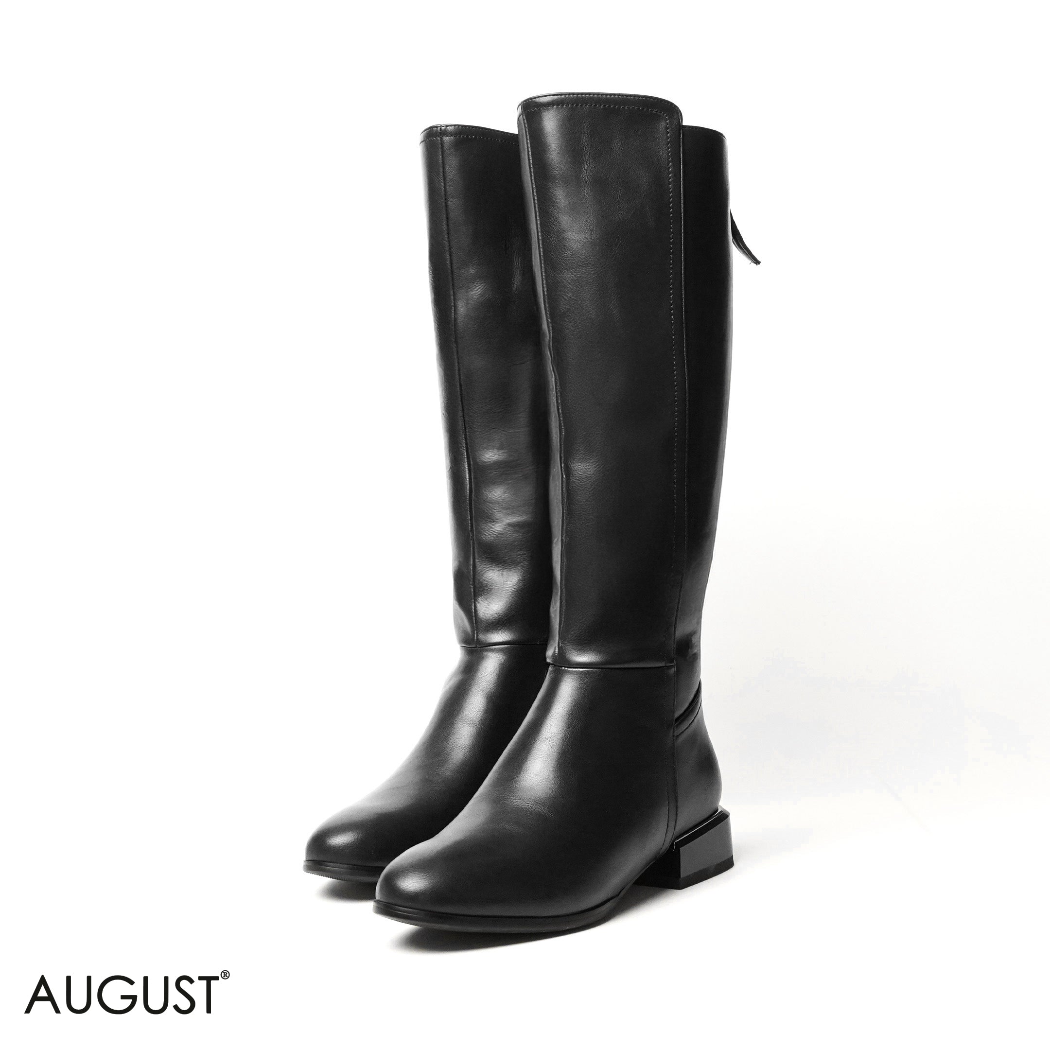 BLACK LEATHER LONG BOOTS WITH BACK ZIPPER