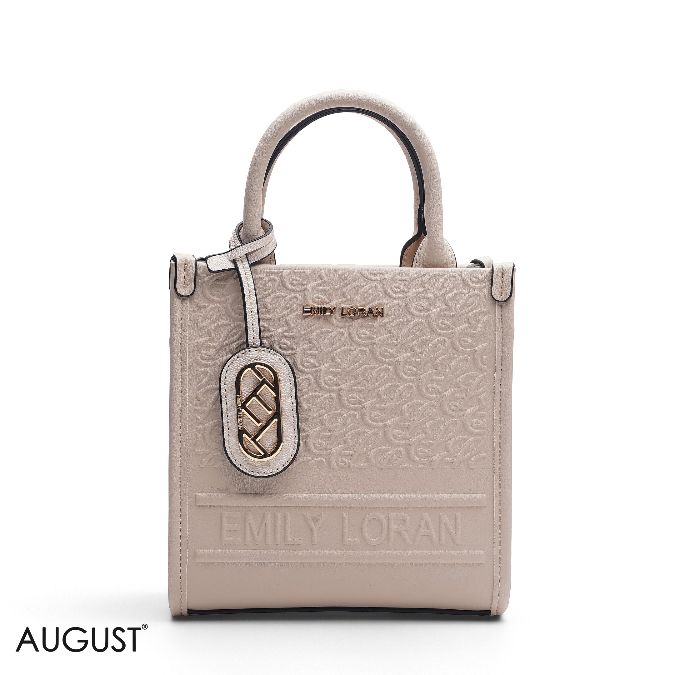 BEIGE EMBOSSED LOGO TOP HANDLE TOTE BAG