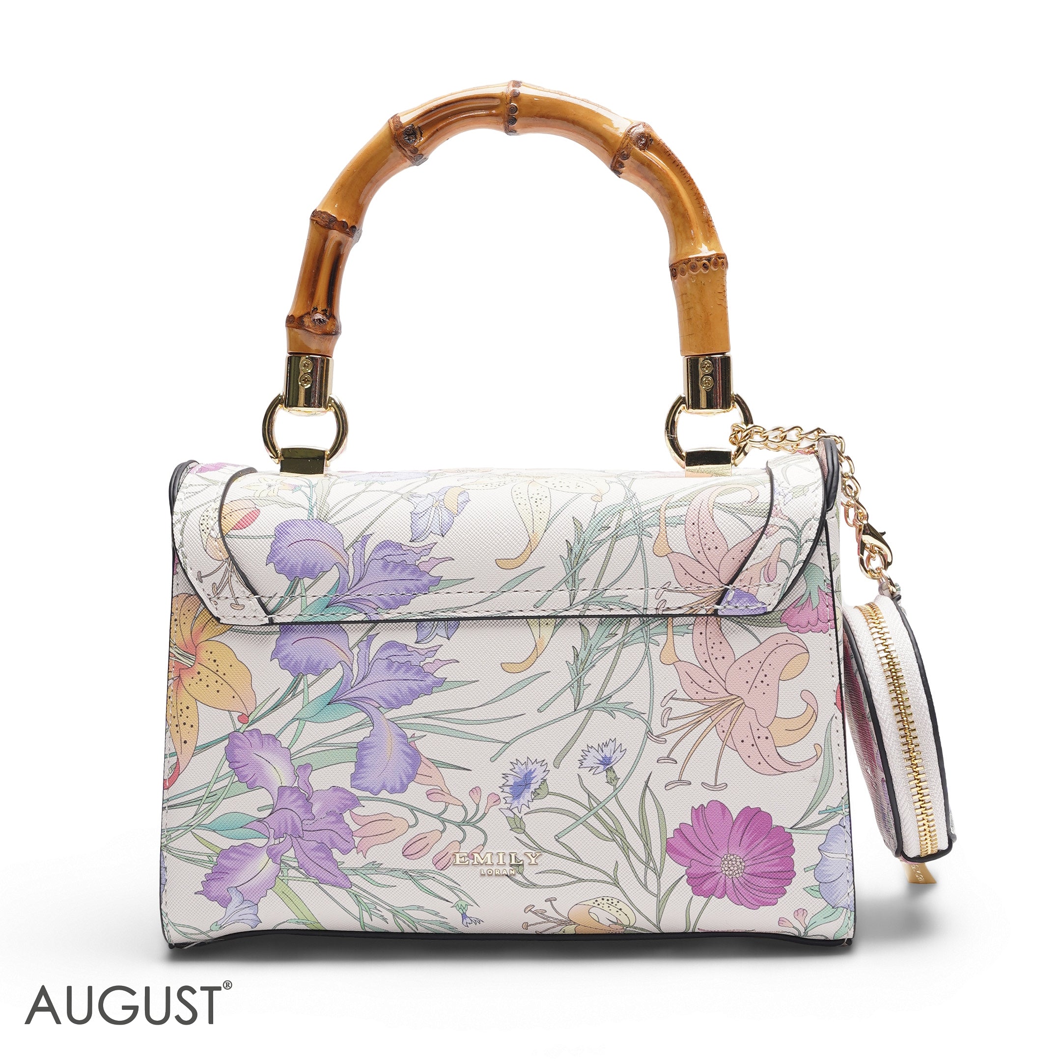 FLORAL BAMBOO HANDLE BAG WITH ROUND POUCH
