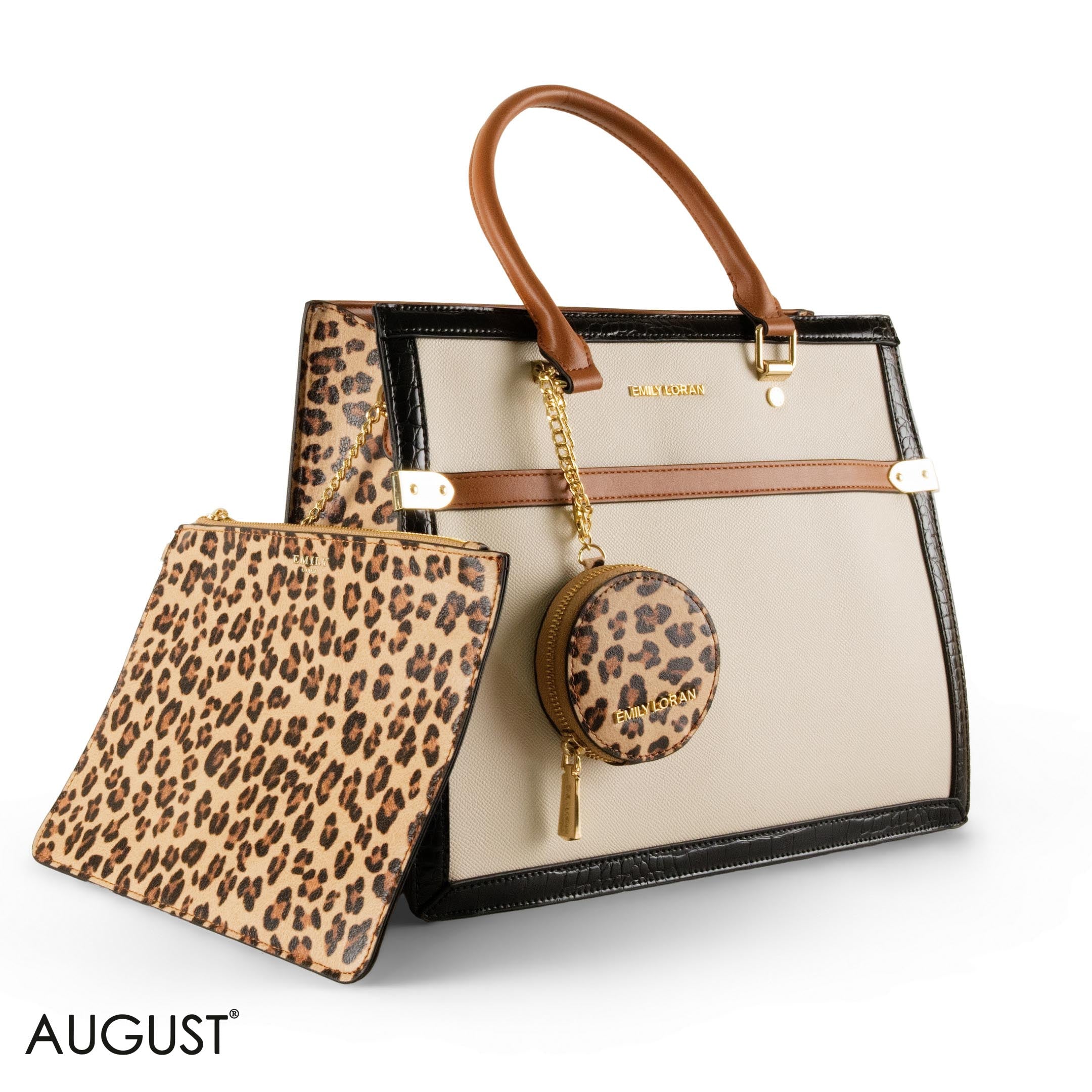 CREAMY LEATHER EMILY LORAN HANDBAG WITH TIGER DETAILS - LARGE